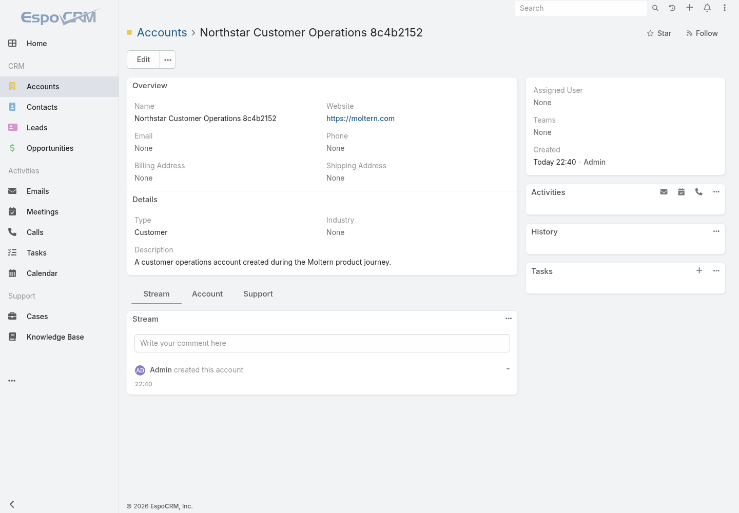 A customer account saved in EspoCRM on Moltern