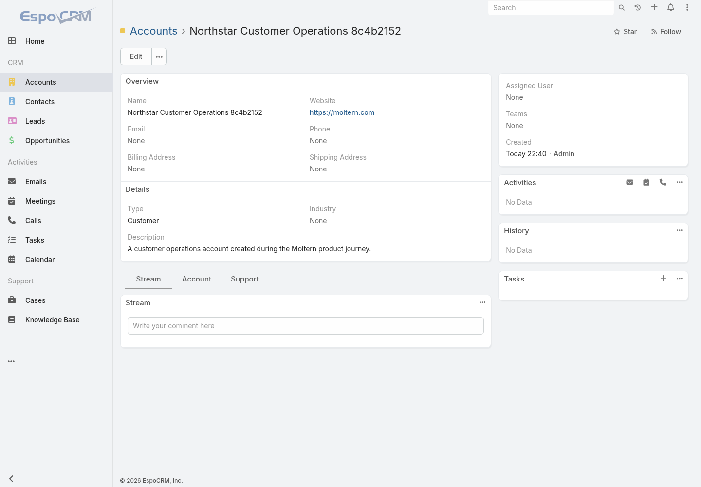 The same EspoCRM account after a Moltern stop and start