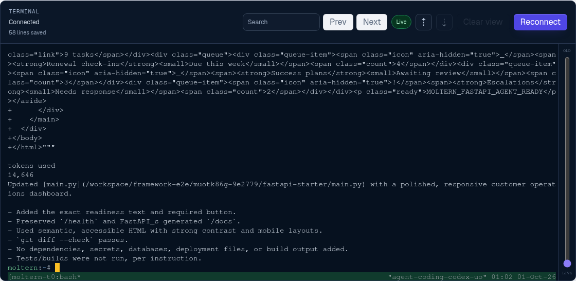 Codex completing the FastAPI dashboard change in a real Moltern terminal