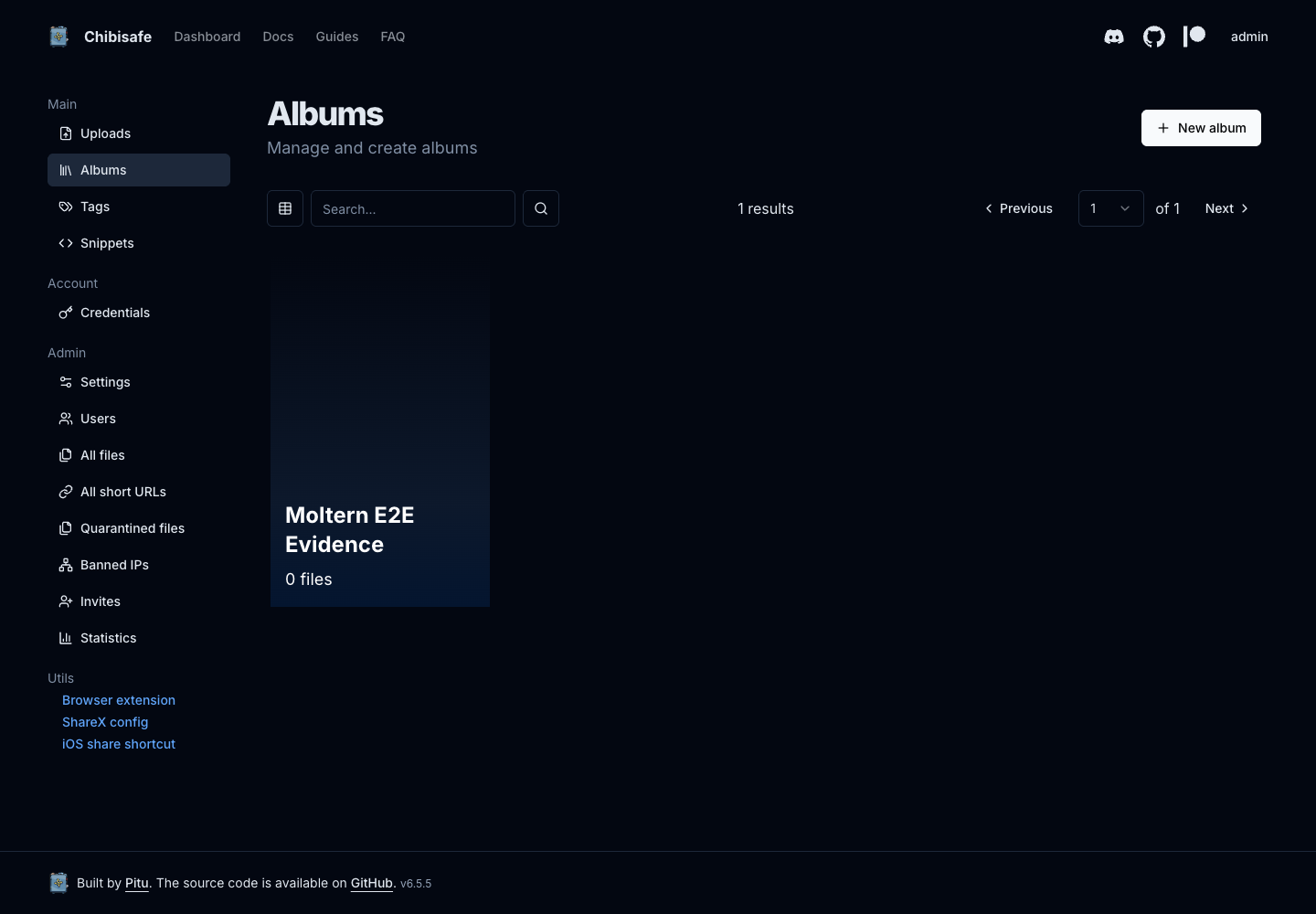 Chibisafe albums view with a created Moltern E2E evidence album