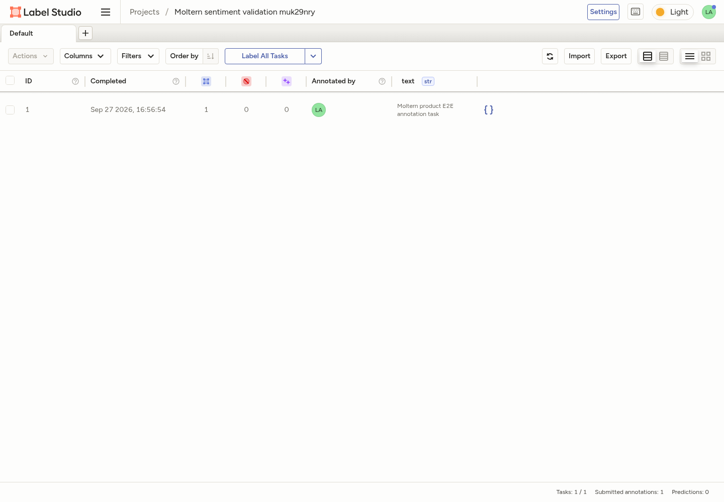 Label Studio project with an imported and annotated task