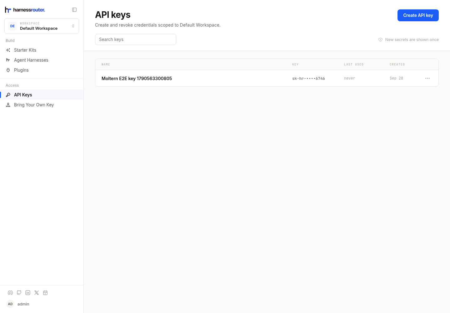 HarnessRouter API key inventory with the secret safely hidden