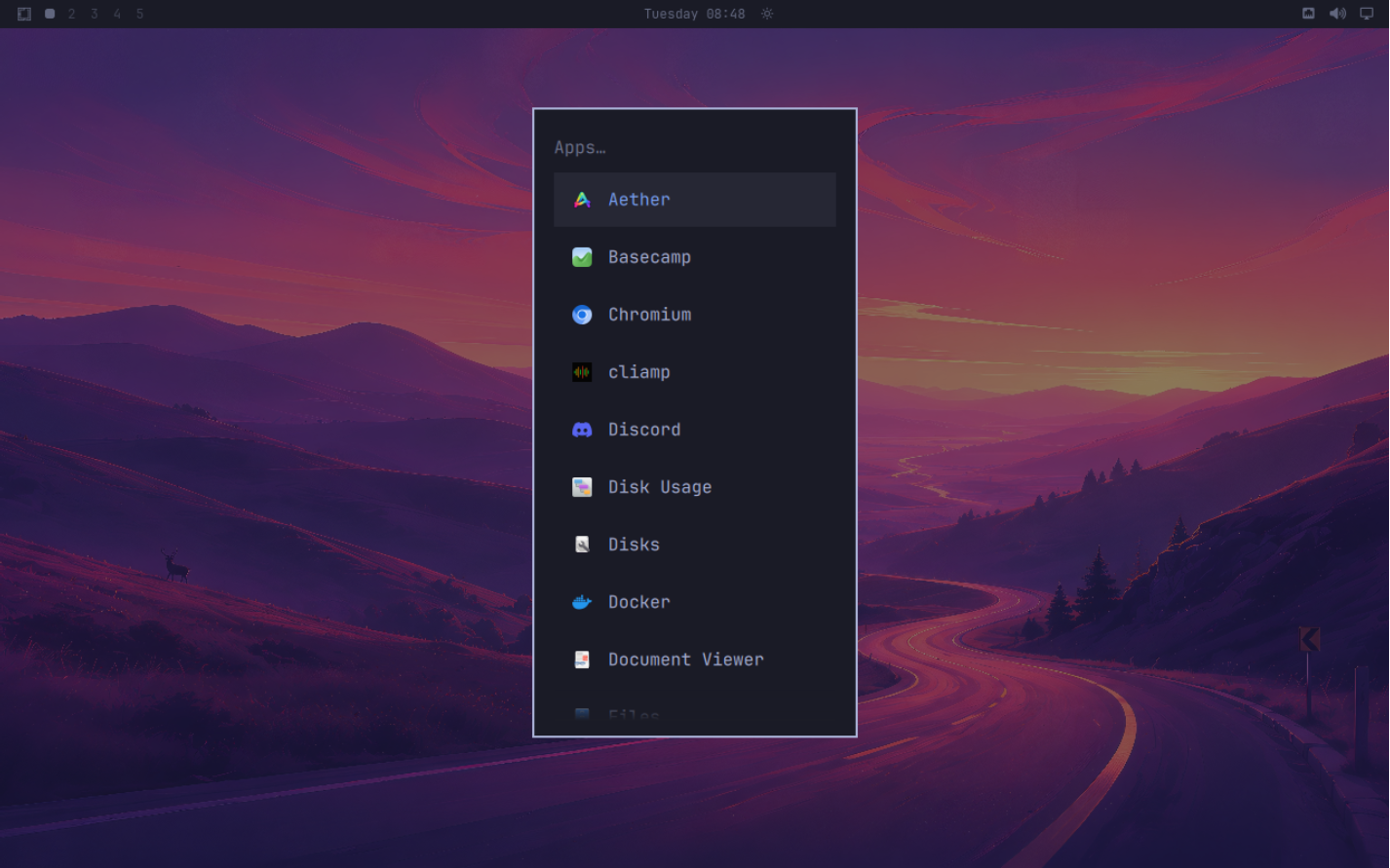 The Omarchy application launcher listing Chromium, Files and other installed applications
