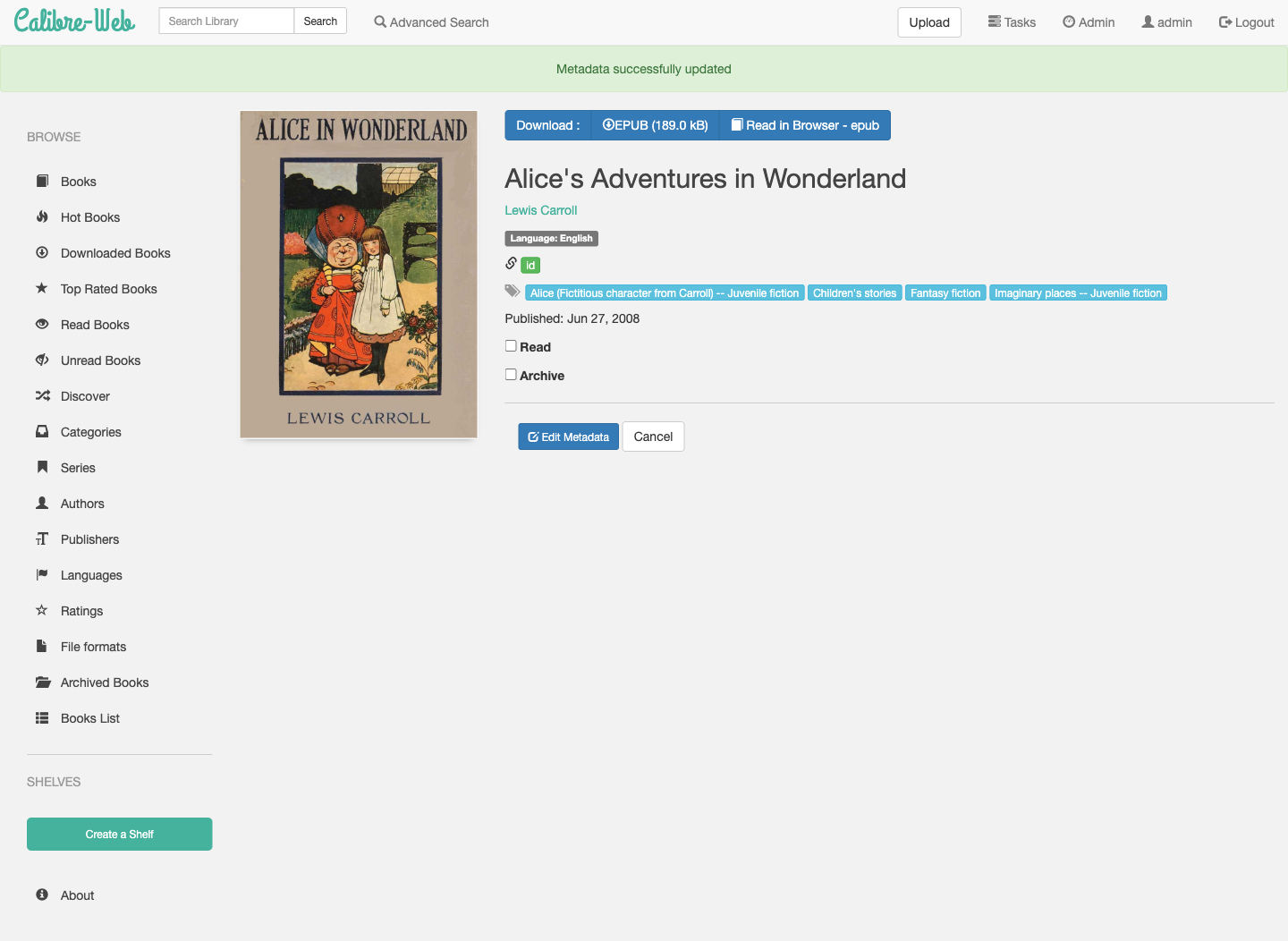 Uploaded Alice in Wonderland ebook with extracted cover and metadata