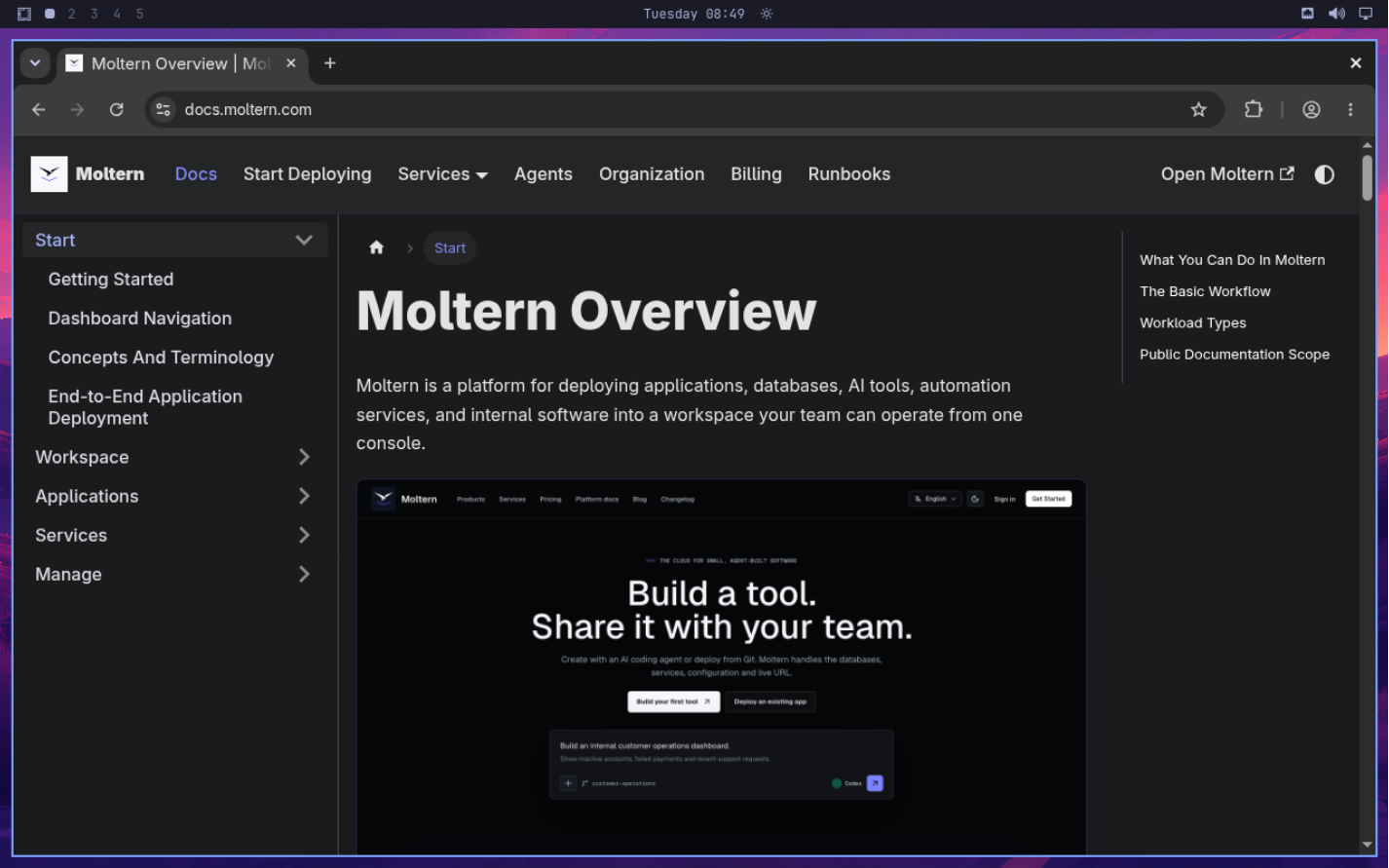 Chromium inside Omarchy displaying the Moltern platform documentation over HTTPS