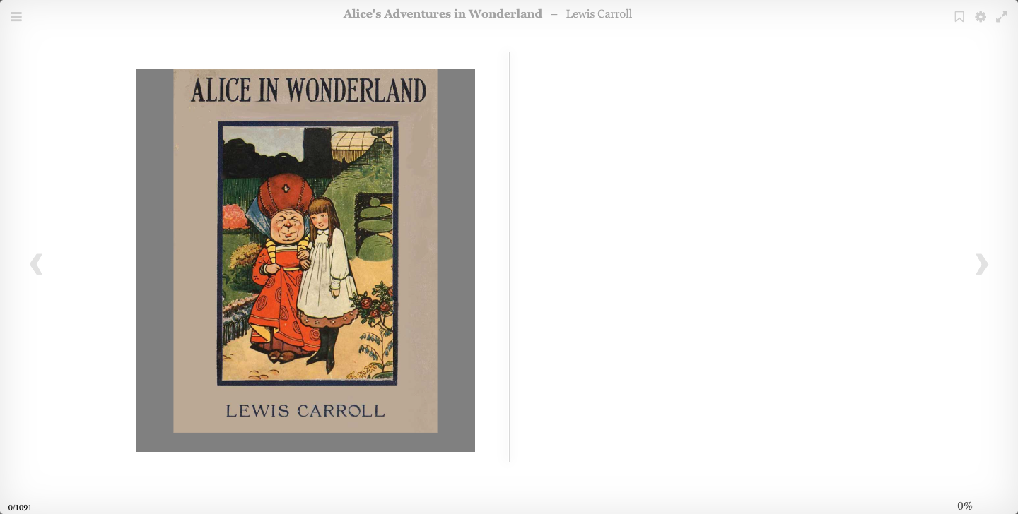 Alice in Wonderland open in the Calibre-Web browser reader