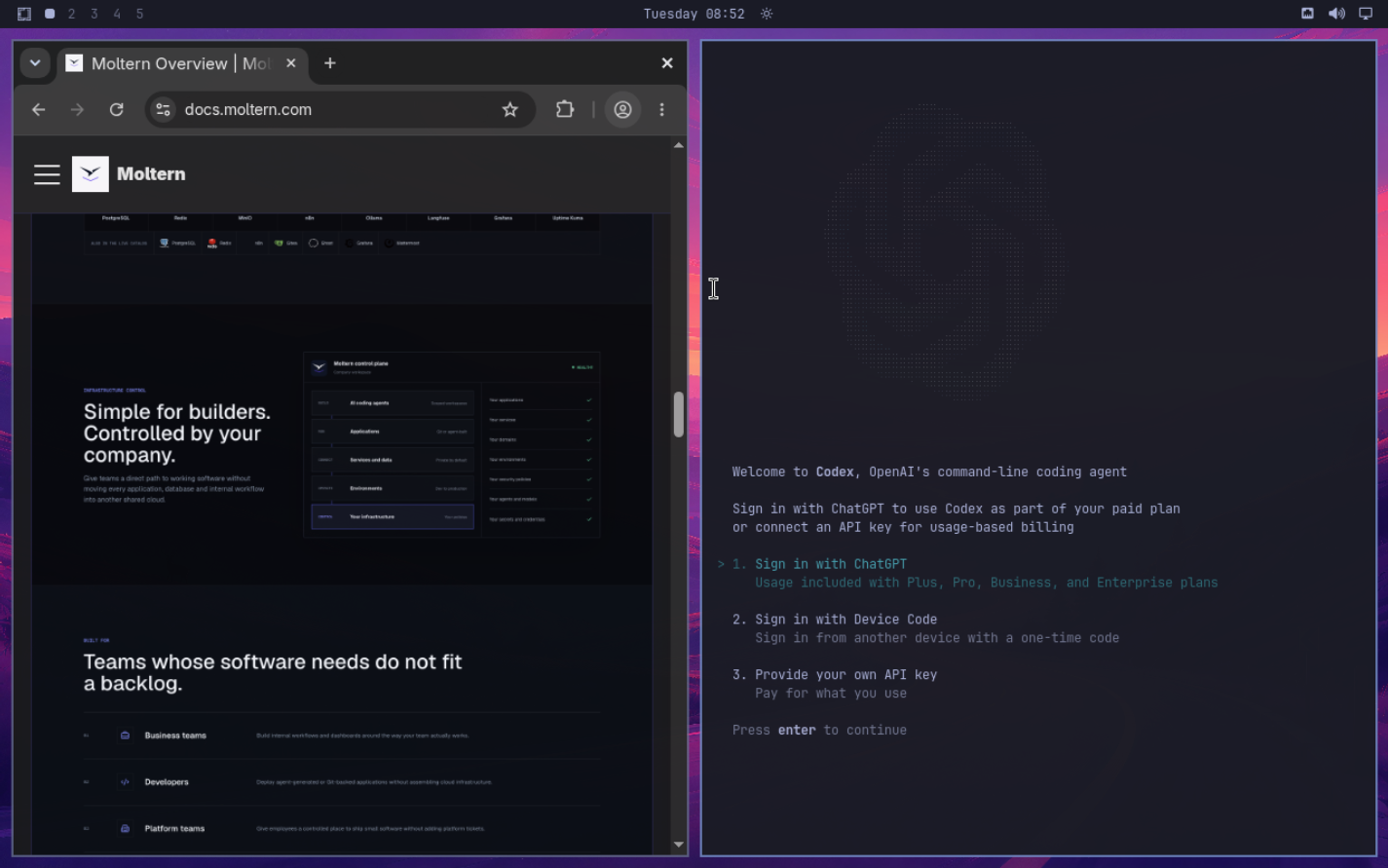 The real Codex welcome screen inside Omarchy offering ChatGPT, device-code and API-key sign-in