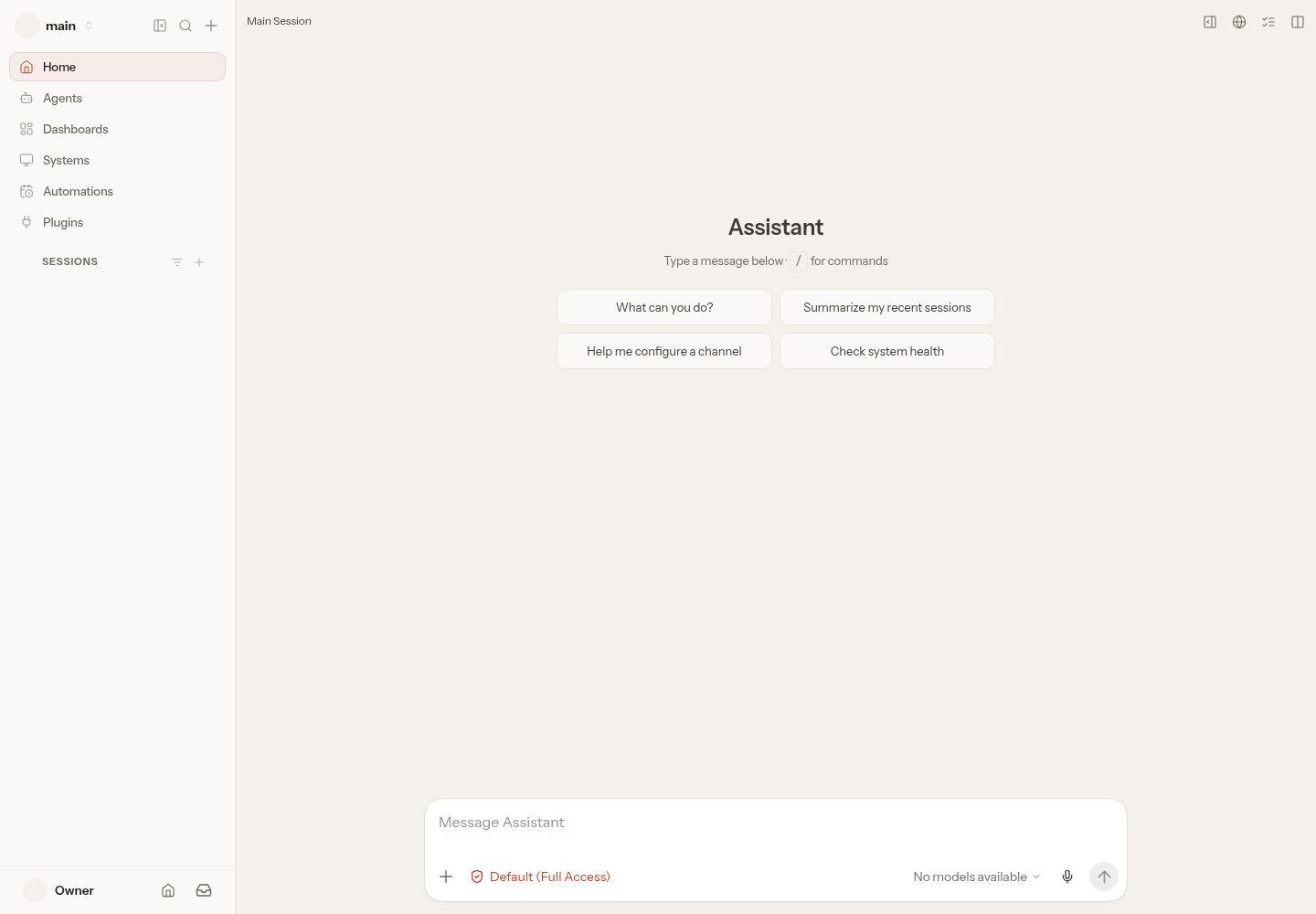 Authenticated OpenClaw Control UI before a model provider is connected