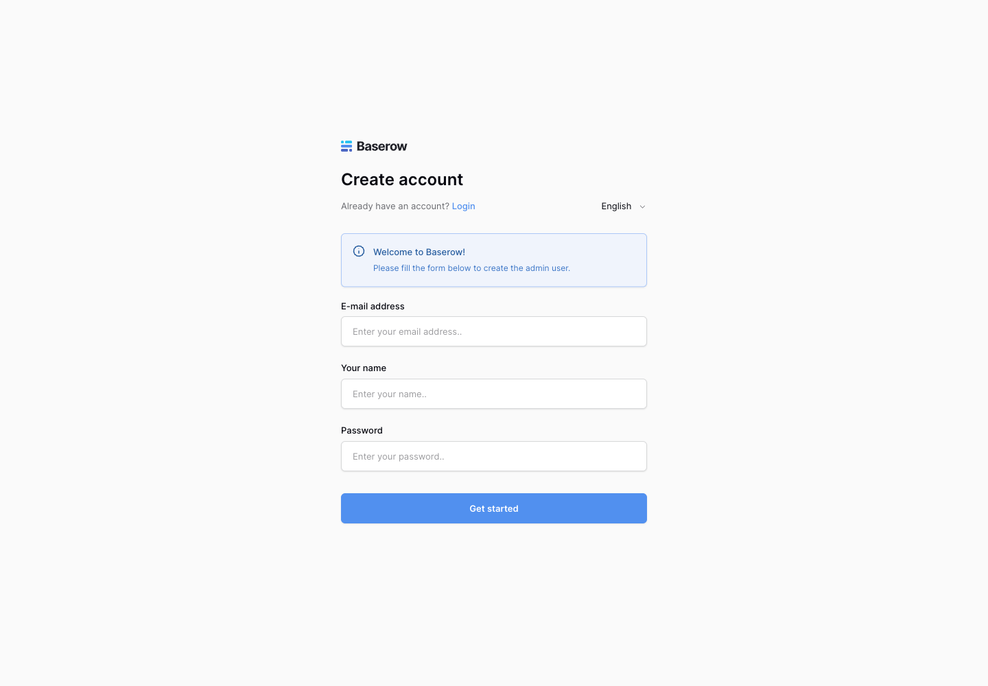 The real first-owner screen from a fresh Baserow deployment