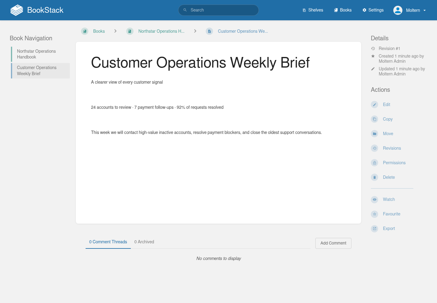 A saved deployment checklist inside a BookStack team handbook