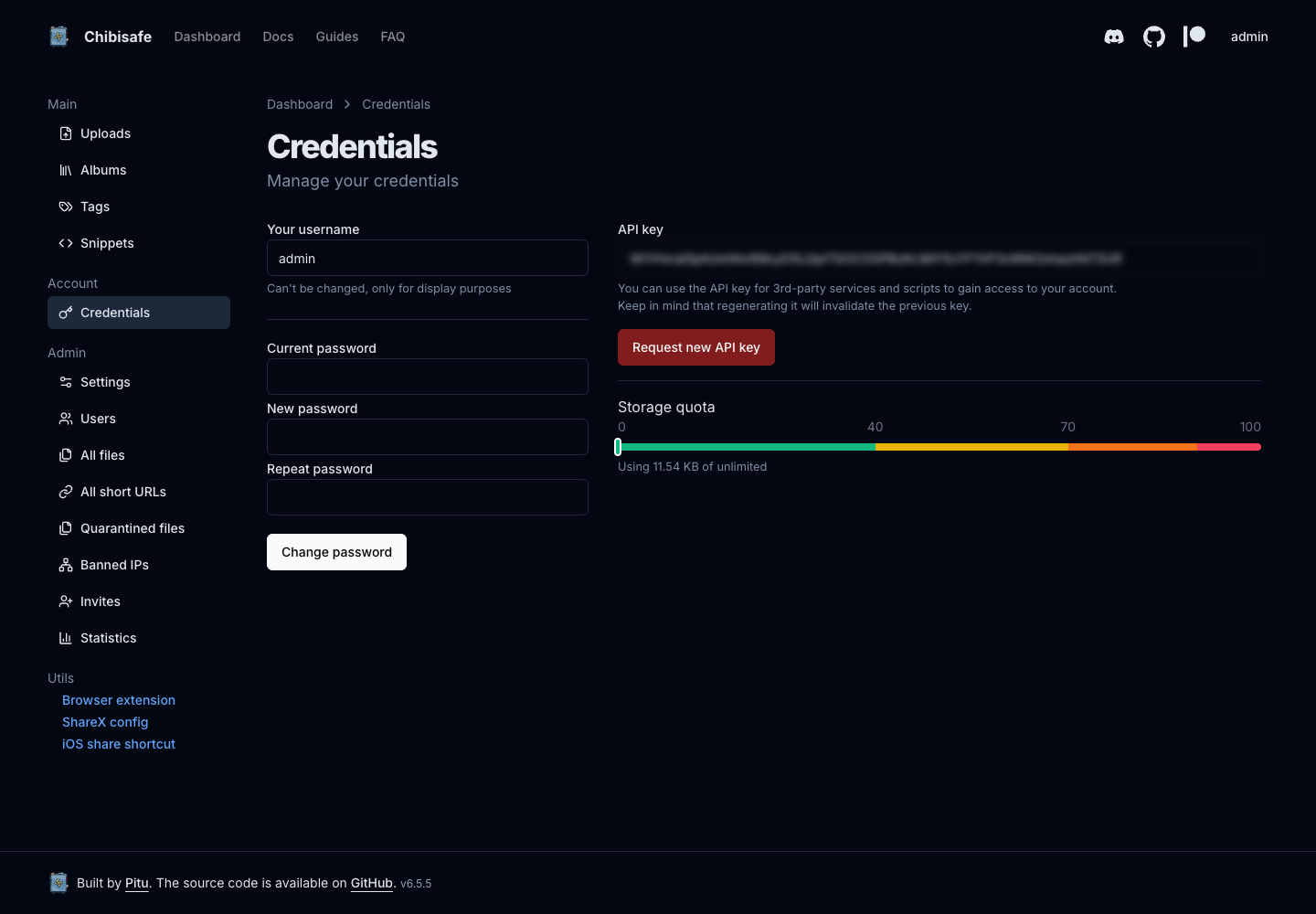 Chibisafe credentials page with the API key visually protected