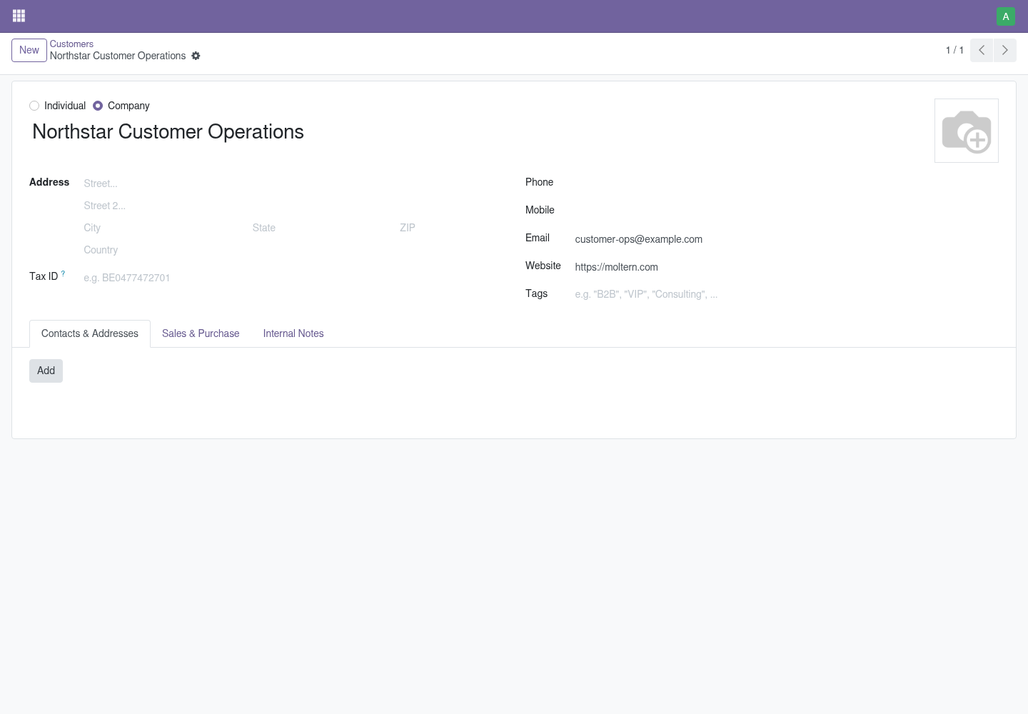 A customer company saved in Odoo on Moltern