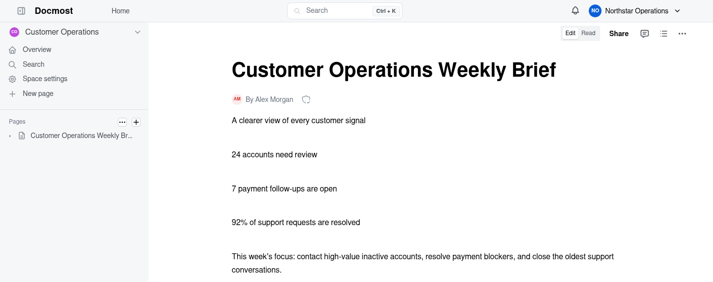 A customer operations brief created in Docmost