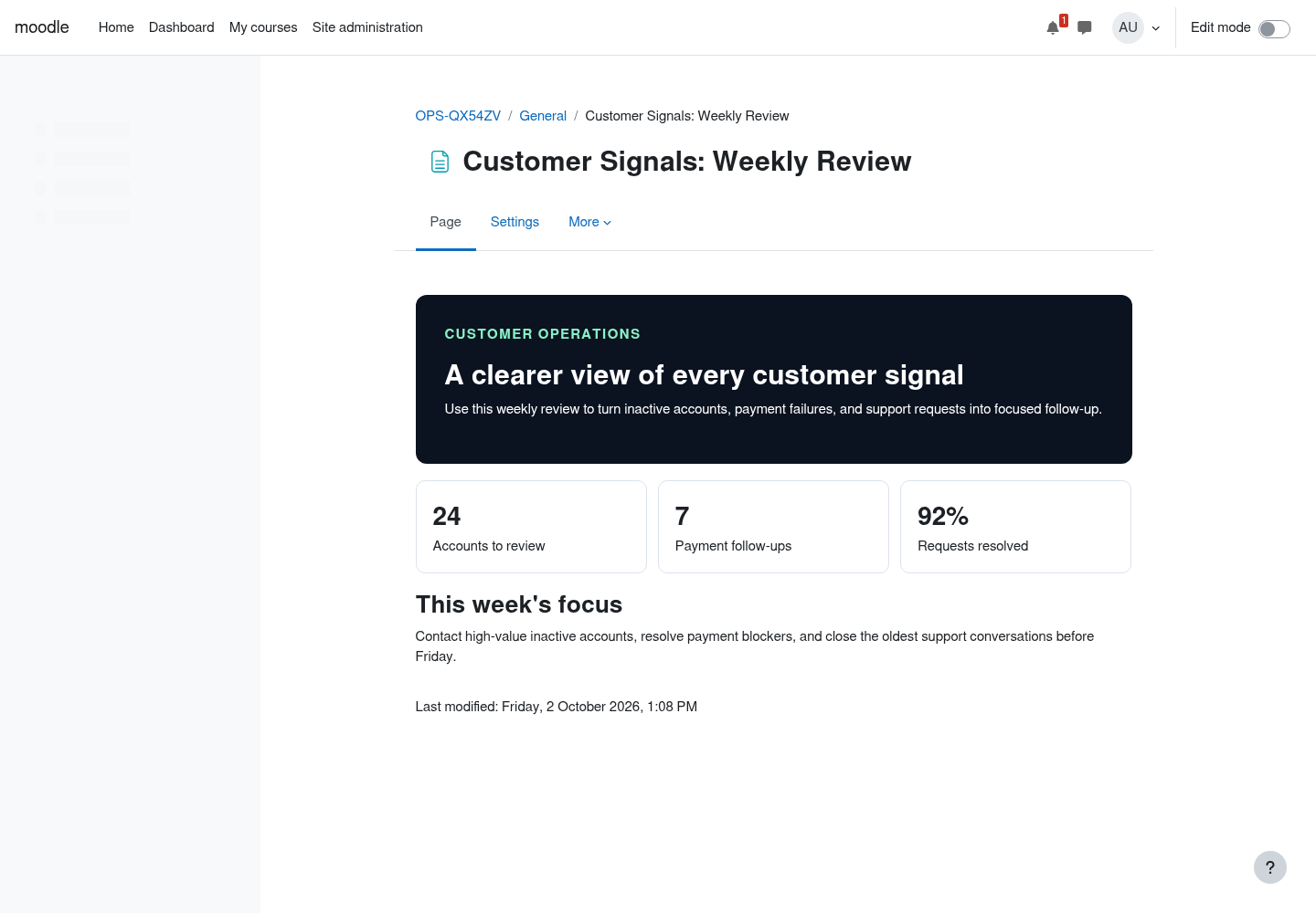 A customer operations course created in Moodle