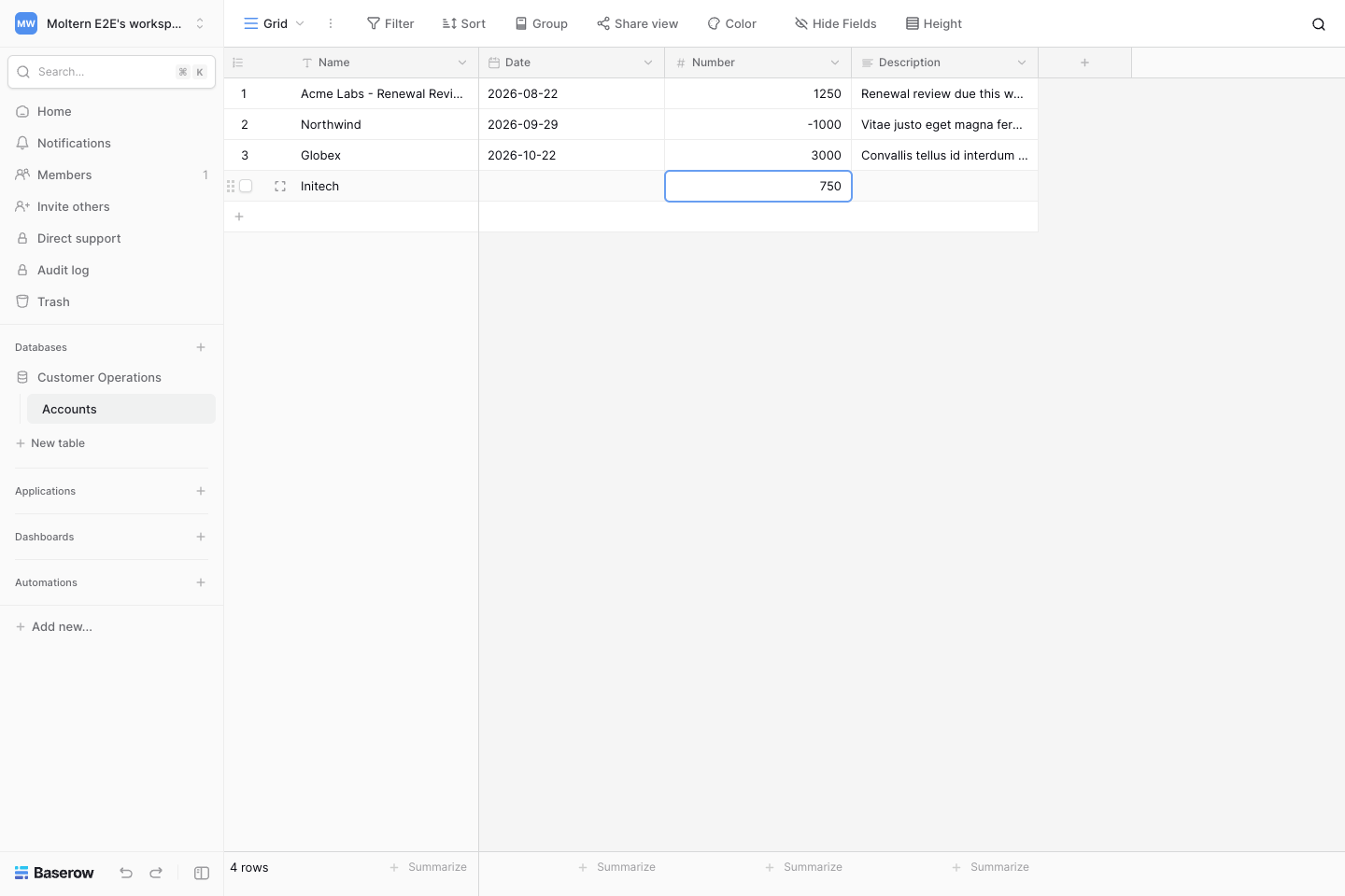 A Customer Operations database edited in the real Baserow grid