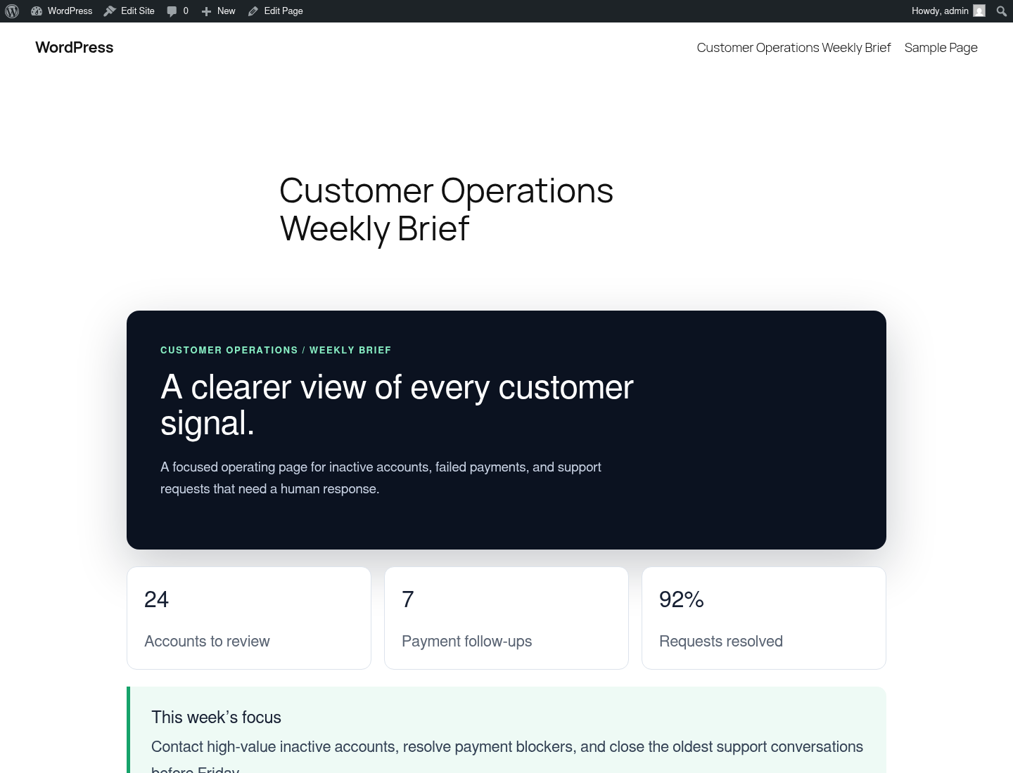 A customer operations page published on a real WordPress service running on Moltern