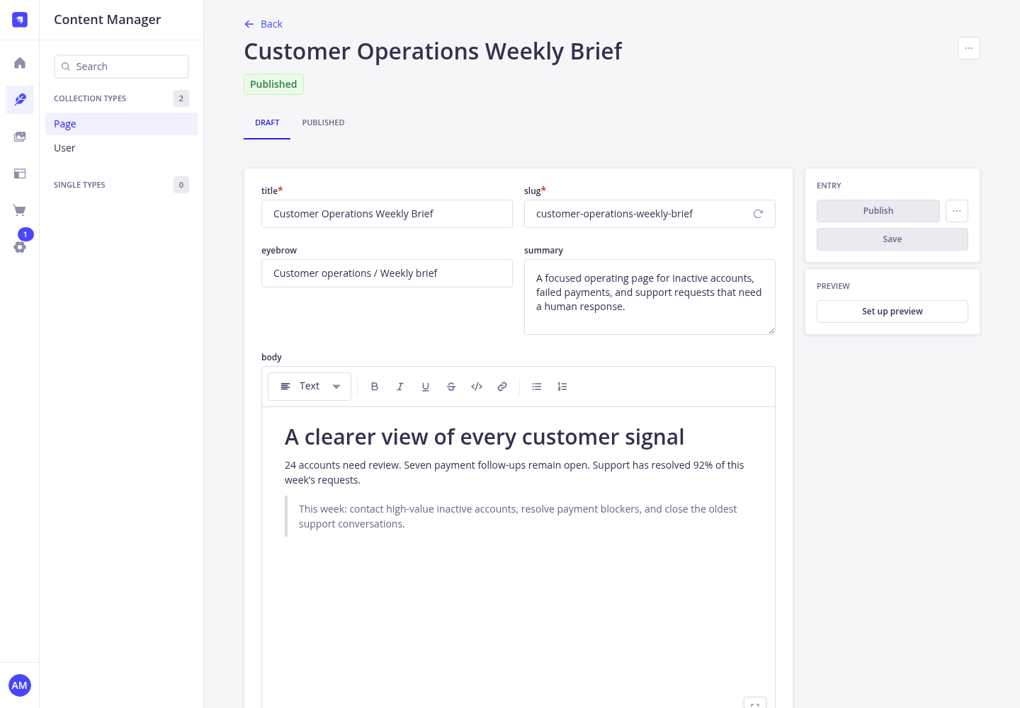 A structured customer operations page published in Strapi