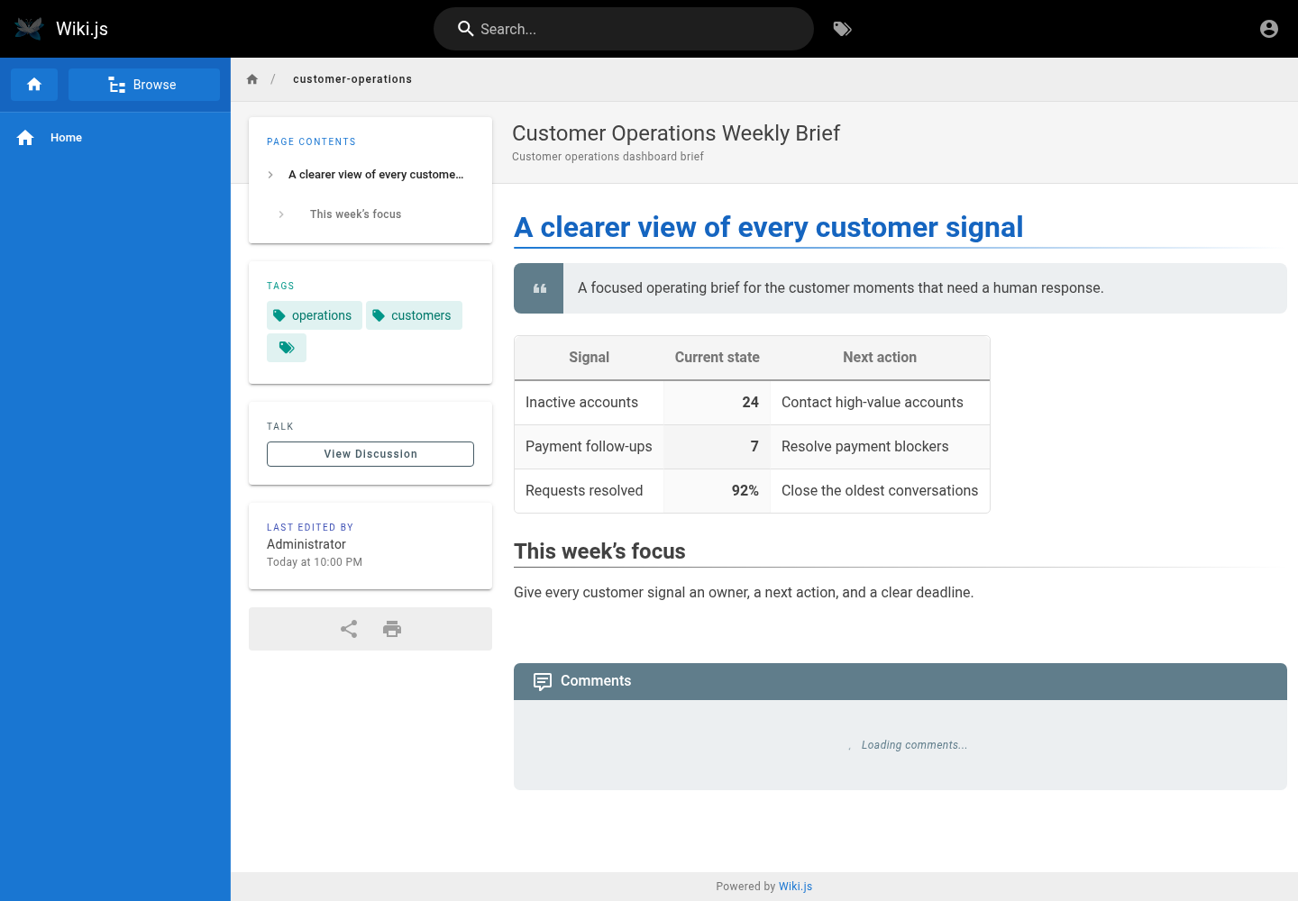 A customer operations knowledge page published in Wiki.js