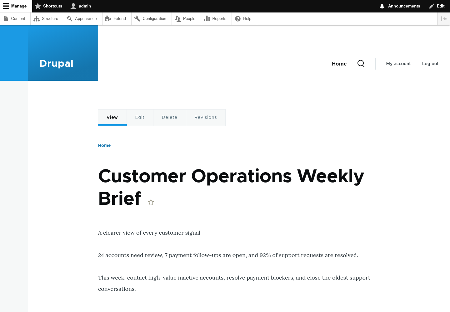 A customer operations page published in Drupal