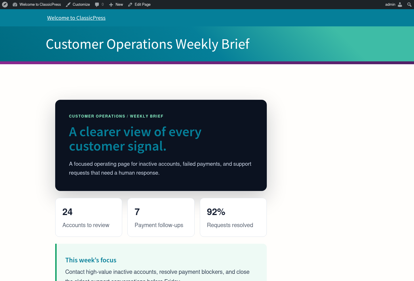 A designed customer operations brief published on a real ClassicPress service running on Moltern
