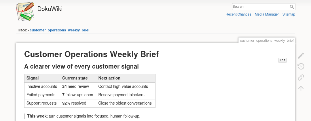 A customer operations runbook created in a real DokuWiki service running on Moltern