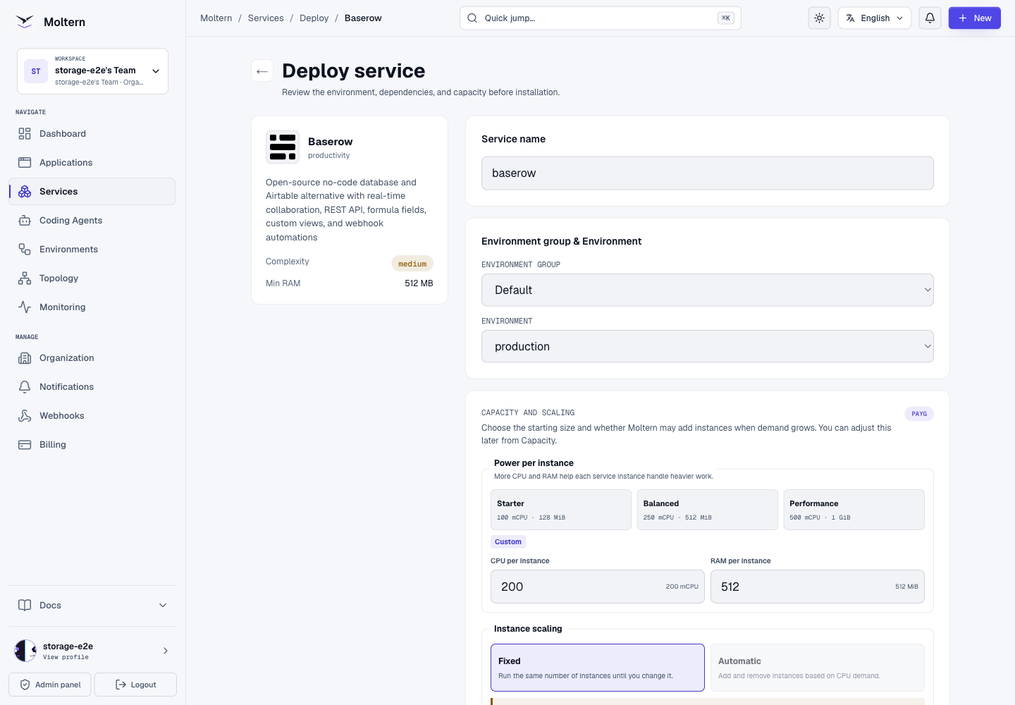 Baserow deployment configuration in Moltern, including environment and capacity