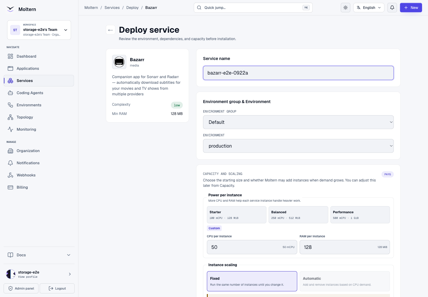Bazarr deployment configuration in Moltern, including environment and starting capacity