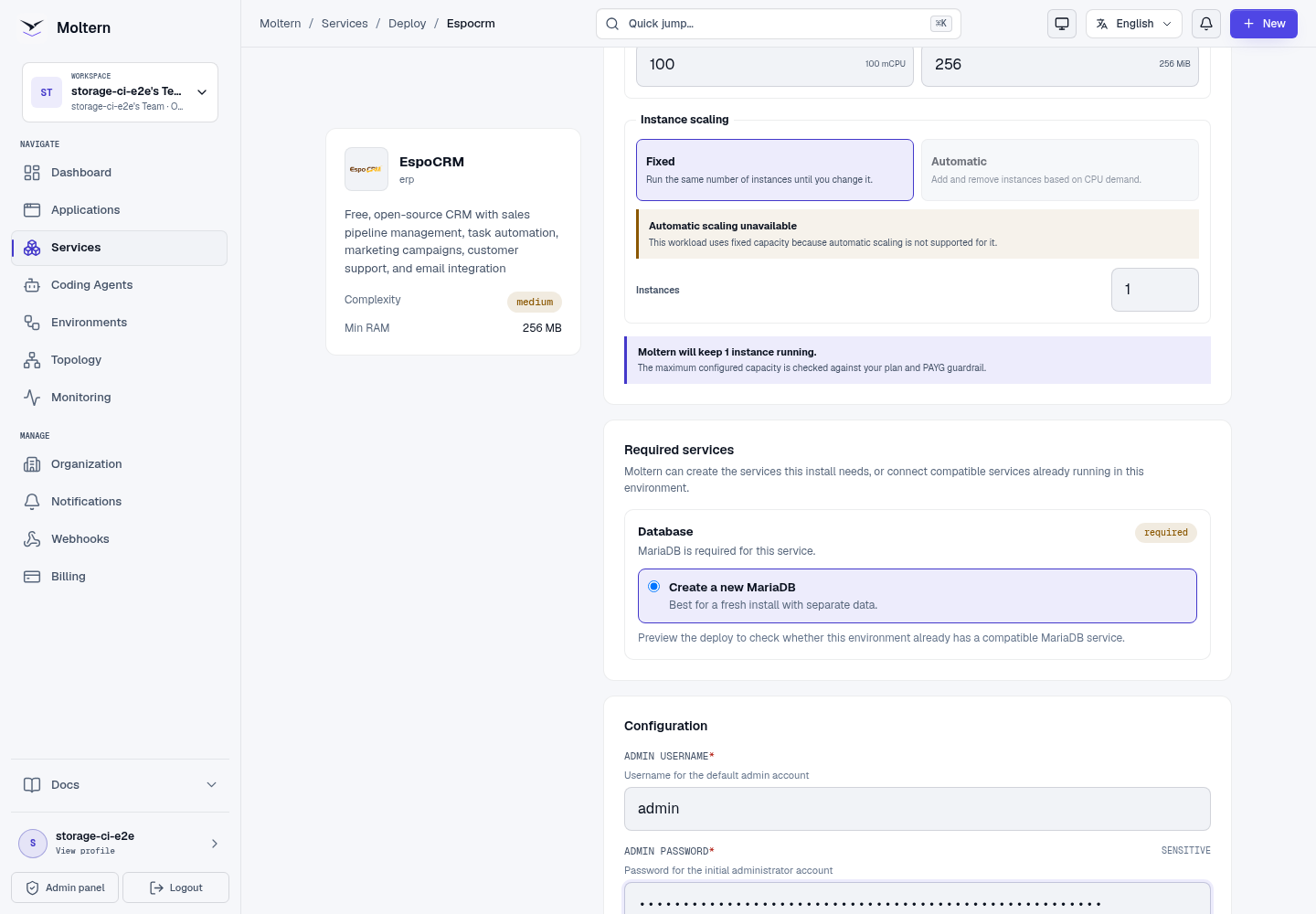 EspoCRM deployment form with managed MariaDB selection