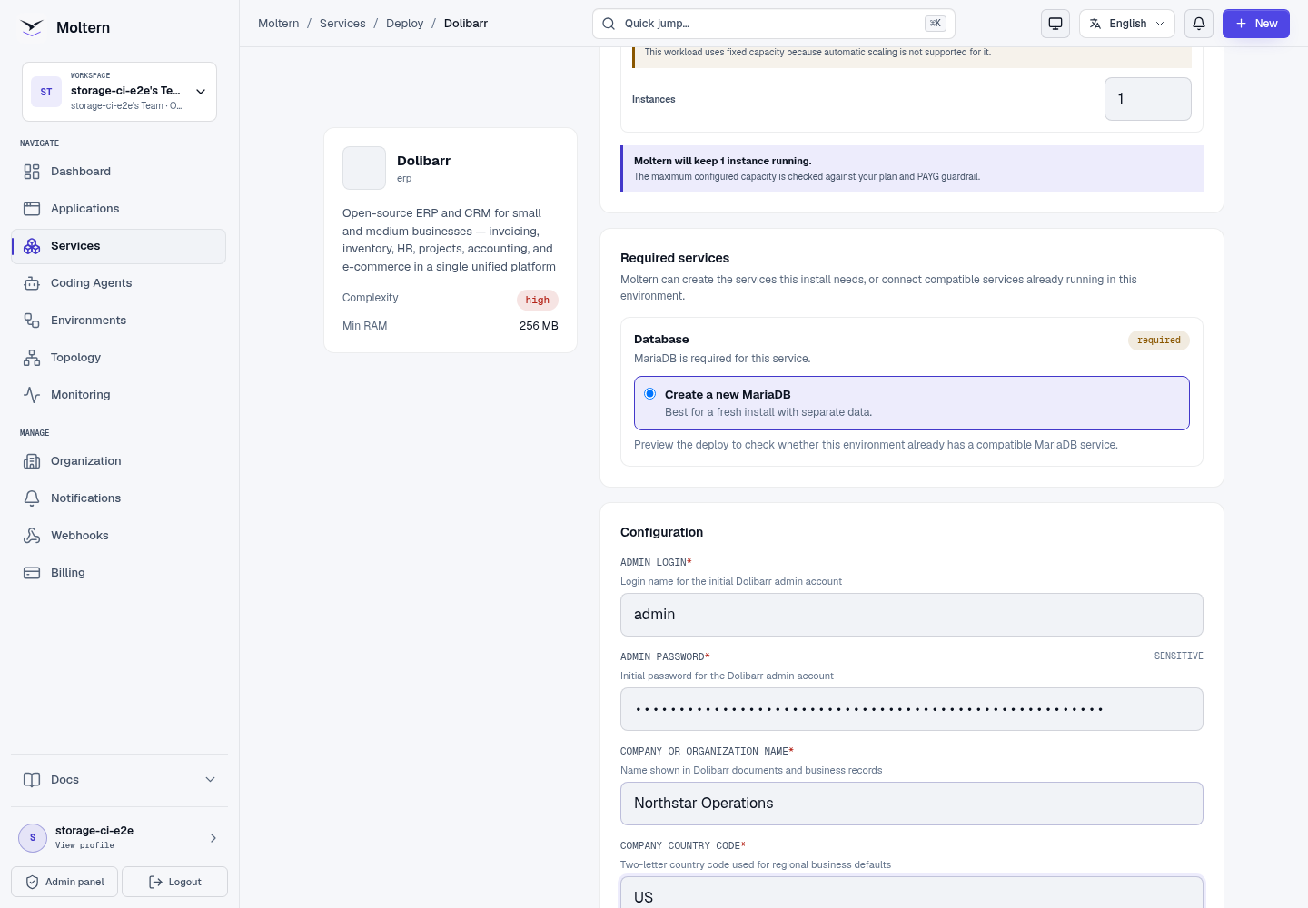 Dolibarr deployment form with a managed MariaDB dependency