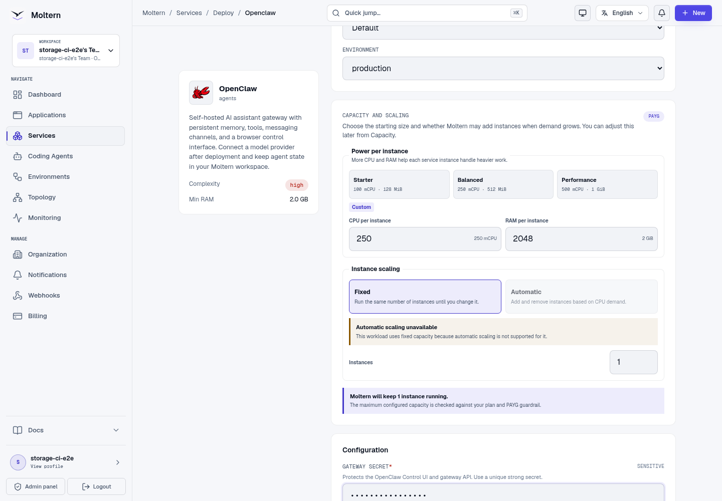 OpenClaw deployment form in Moltern