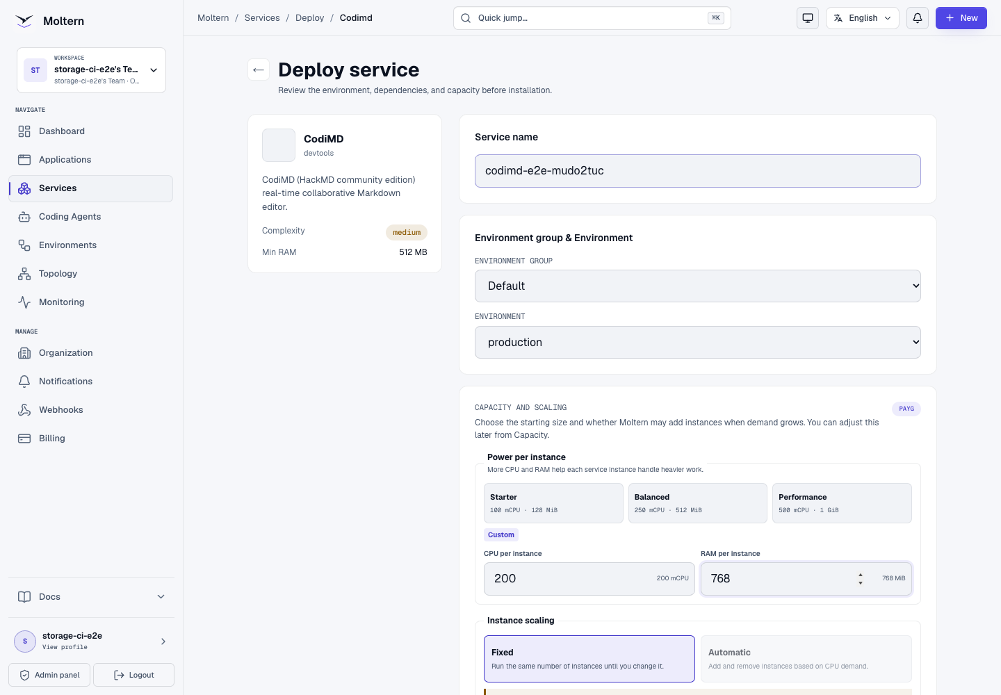 CodiMD deployment form with environment, capacity, and scaling controls