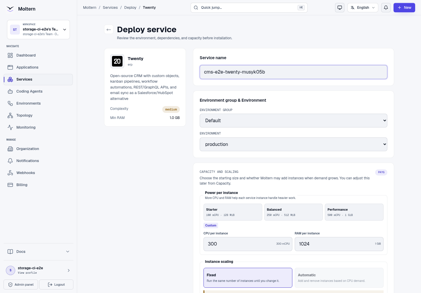 Twenty deployment form with managed PostgreSQL and Redis dependencies