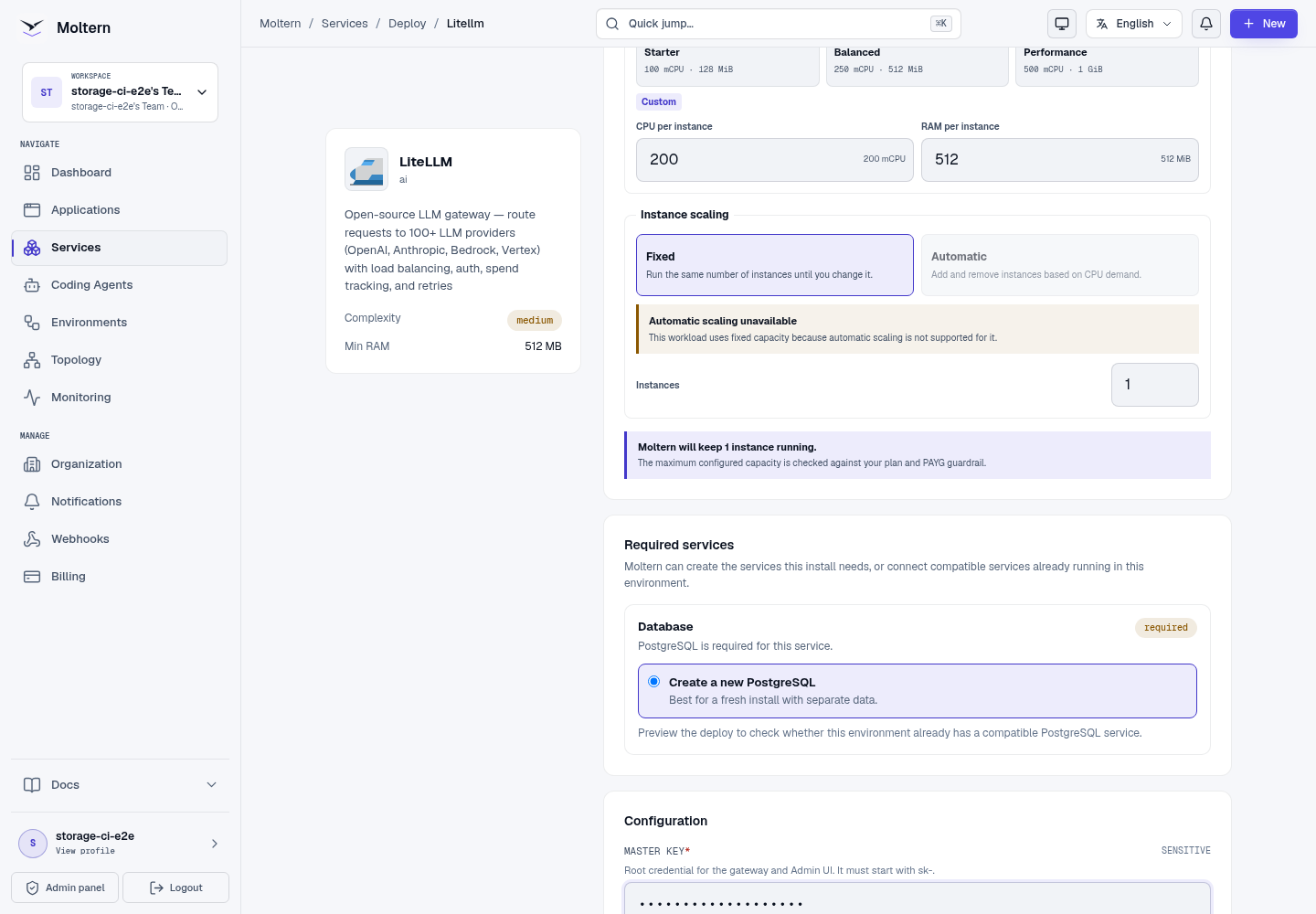 LiteLLM deployment form with capacity and PostgreSQL dependency controls