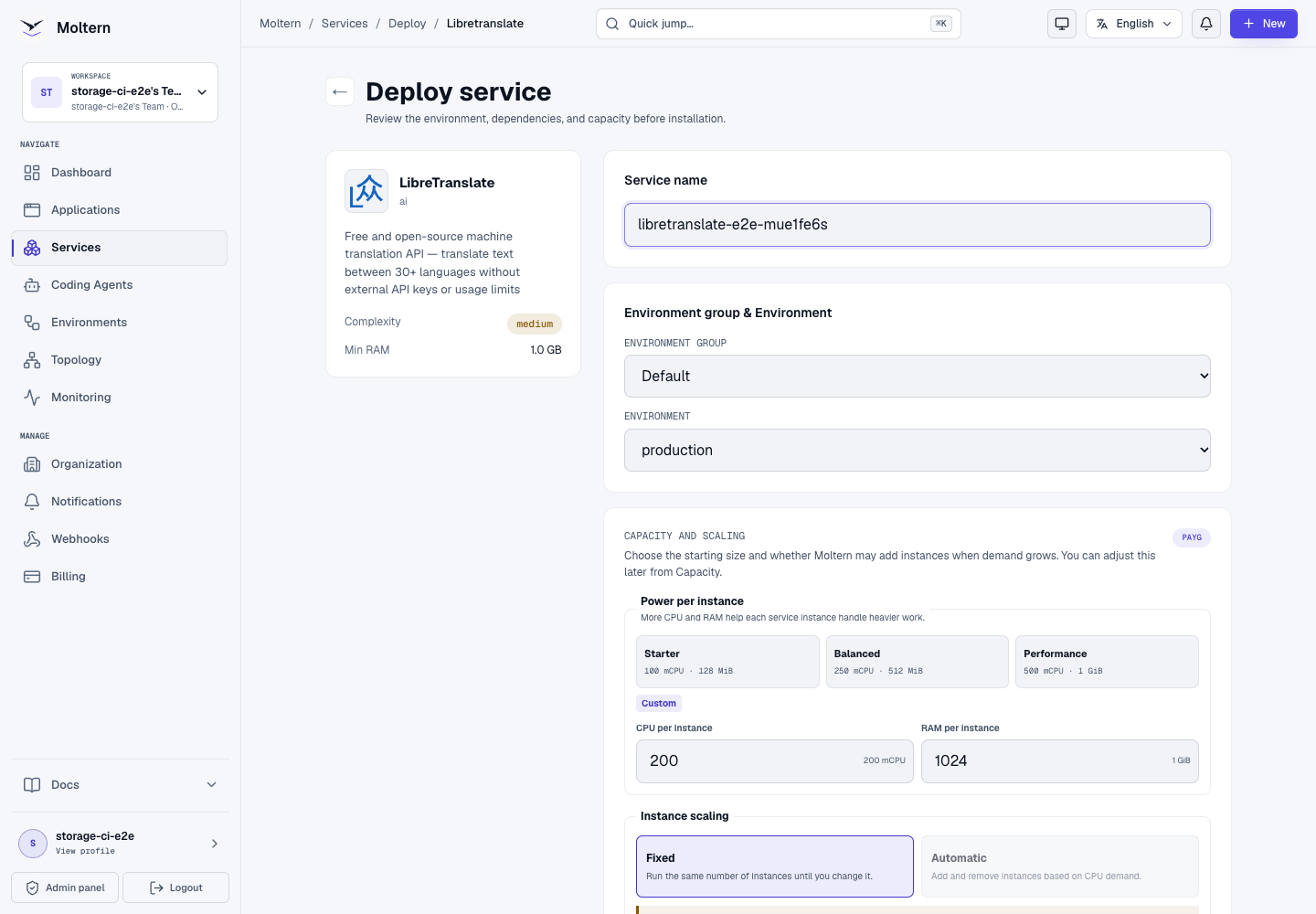 LibreTranslate deployment form with environment and capacity controls