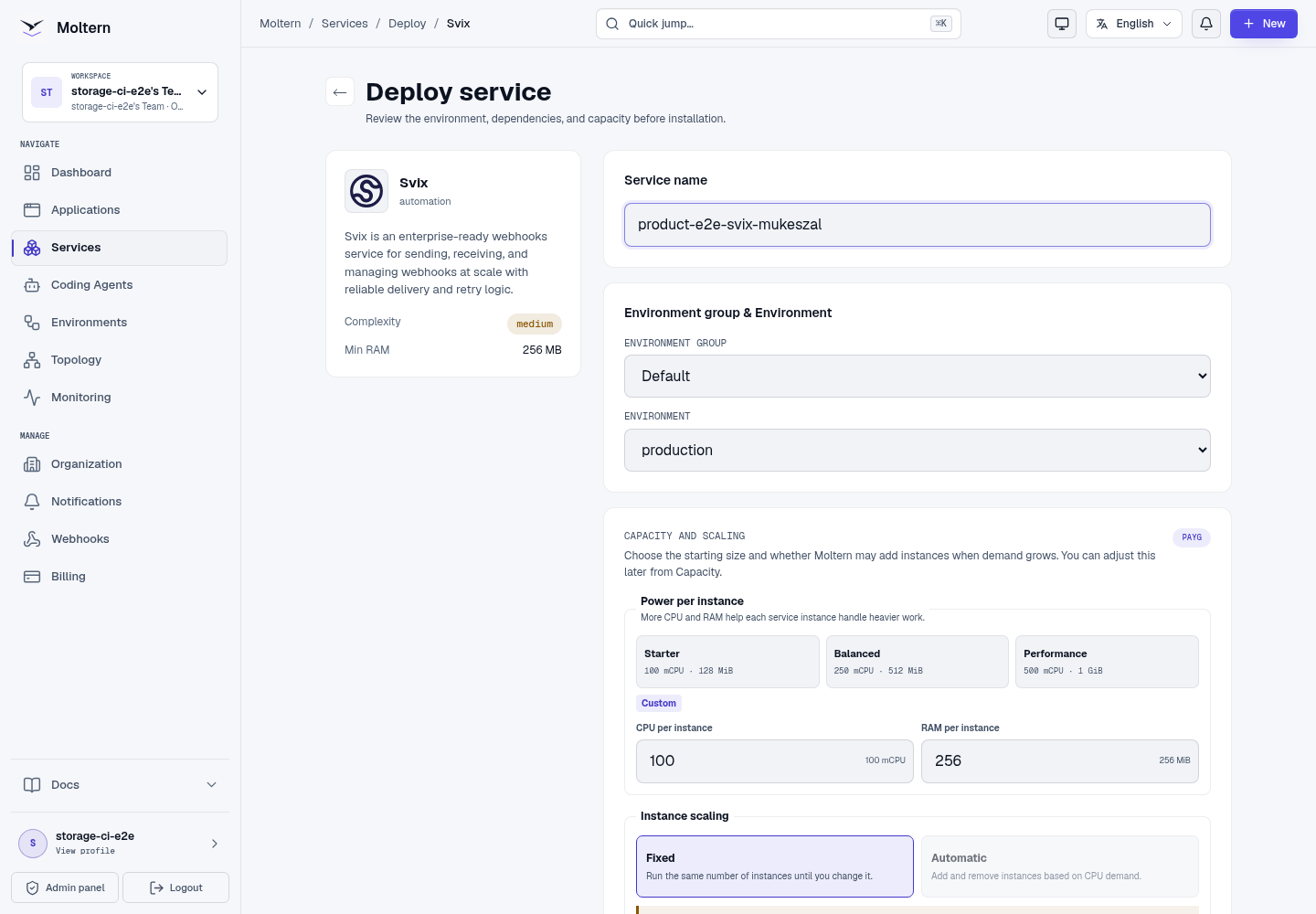 Svix deployment form in Moltern