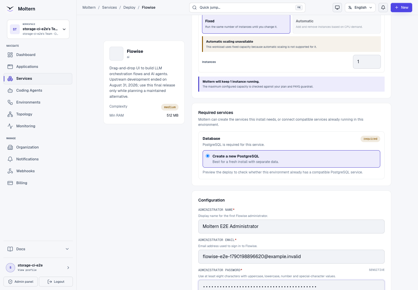 Flowise deployment form in Moltern with administrator fields