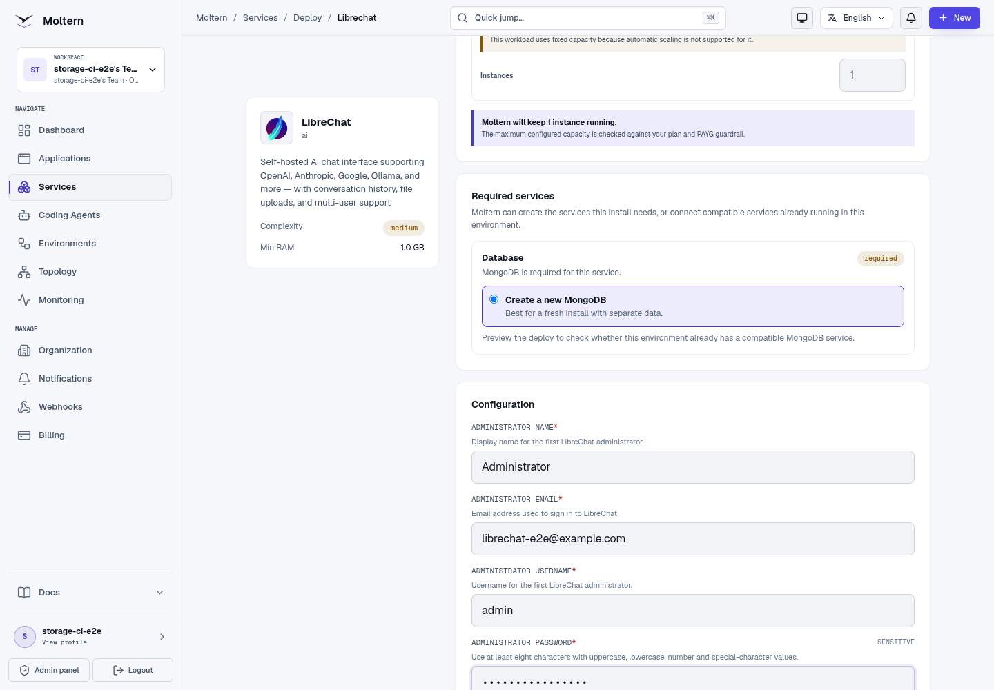 LibreChat deployment form with protected administrator fields