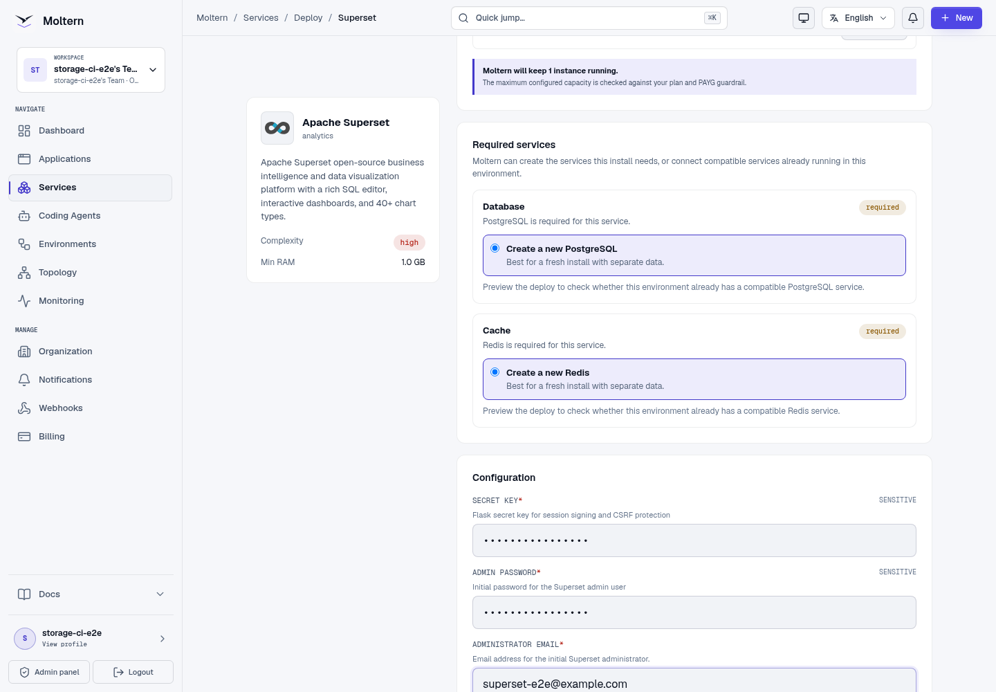 Apache Superset deployment form in Moltern