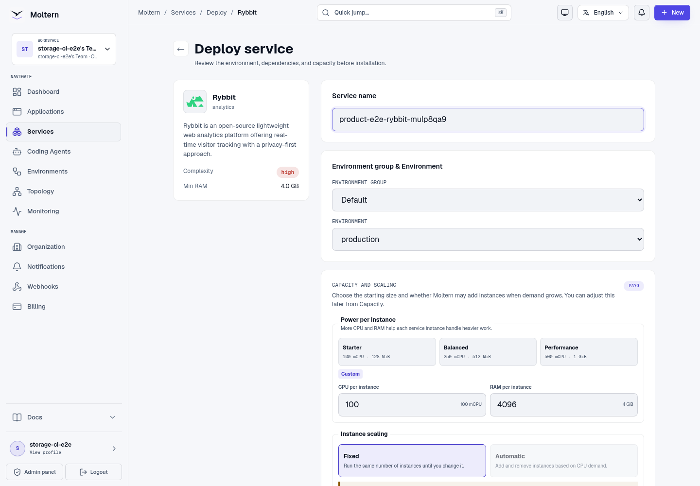 Rybbit deployment form in Moltern