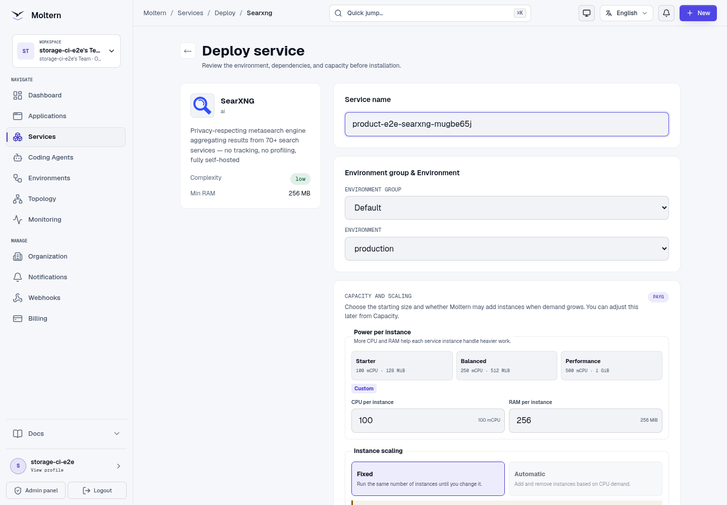 SearXNG deployment form in Moltern with environment and capacity controls