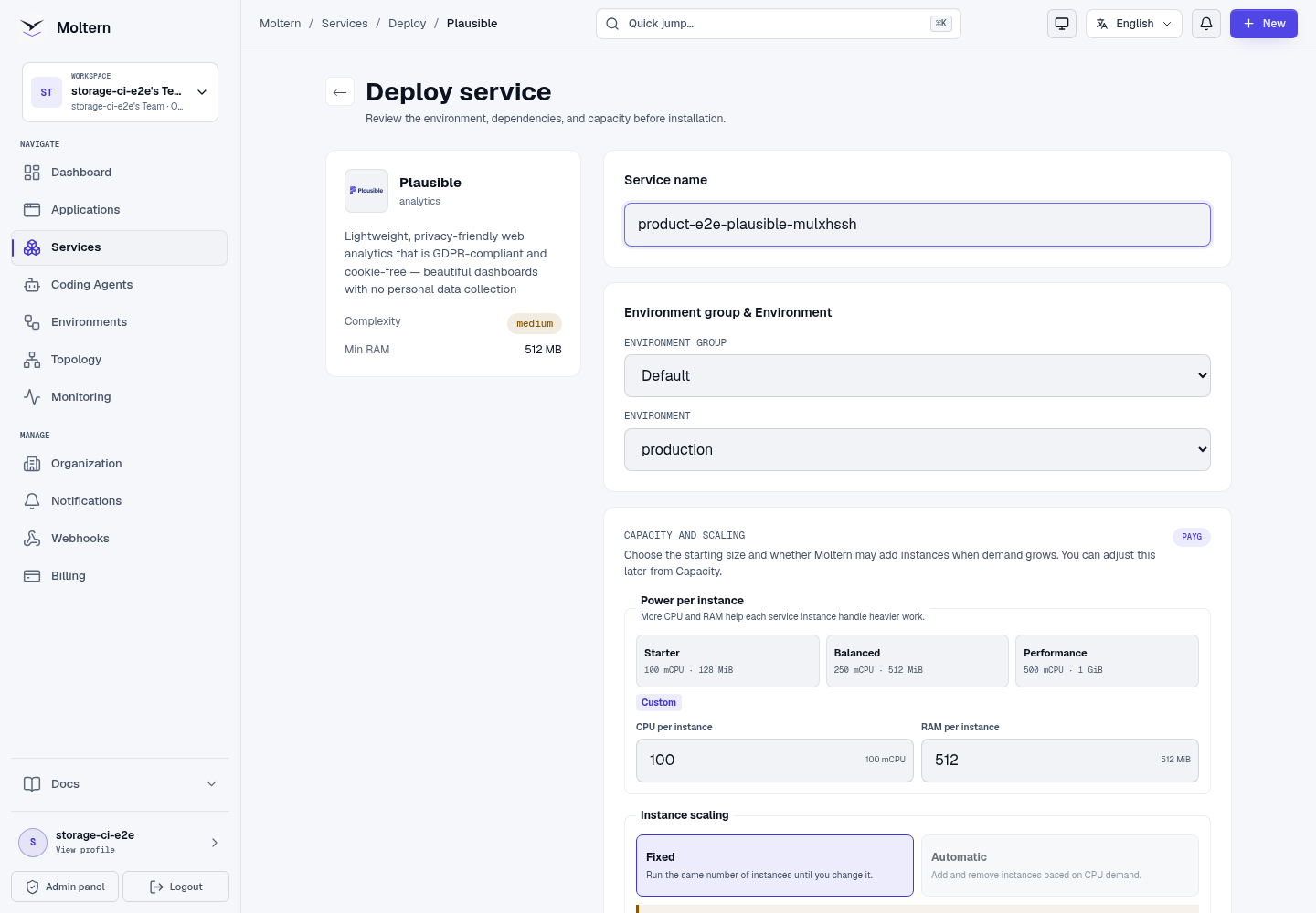 Plausible Analytics deployment form in Moltern