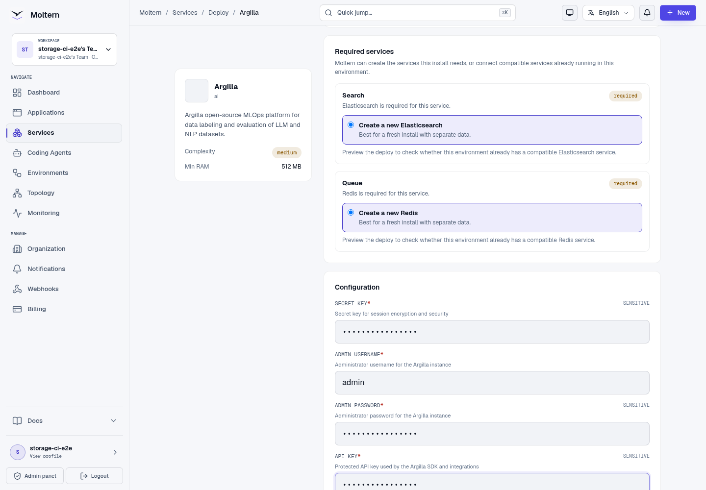Argilla deployment form with required dependencies and protected owner fields