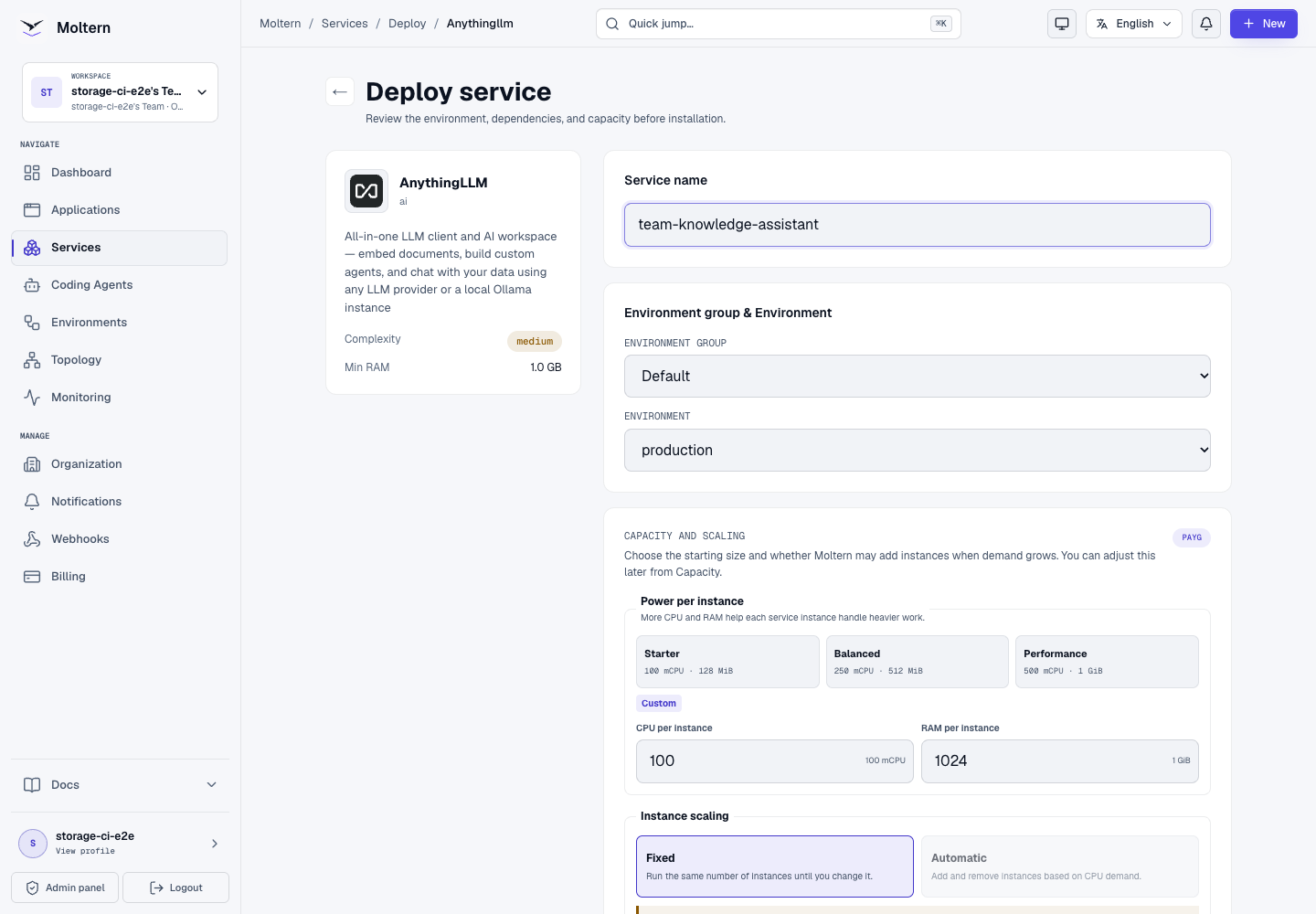 AnythingLLM deployment form with environment and capacity controls