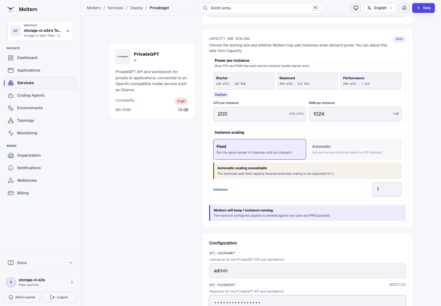 PrivateGPT deployment form with protected API credentials