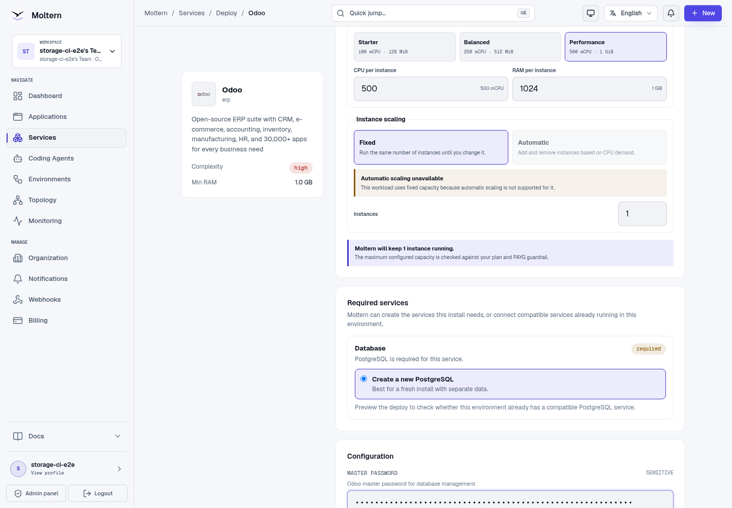Odoo deployment form with a managed PostgreSQL dependency