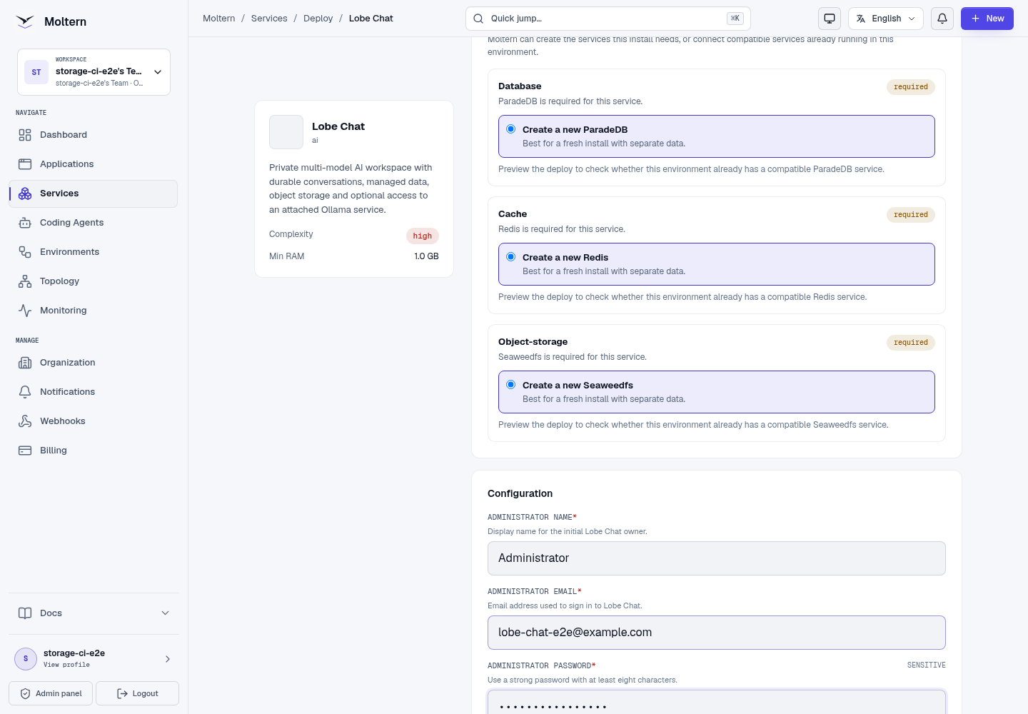 Lobe Chat deployment form with protected owner fields