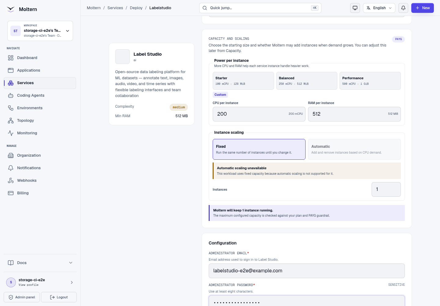 Label Studio deployment form with capacity and administrator fields