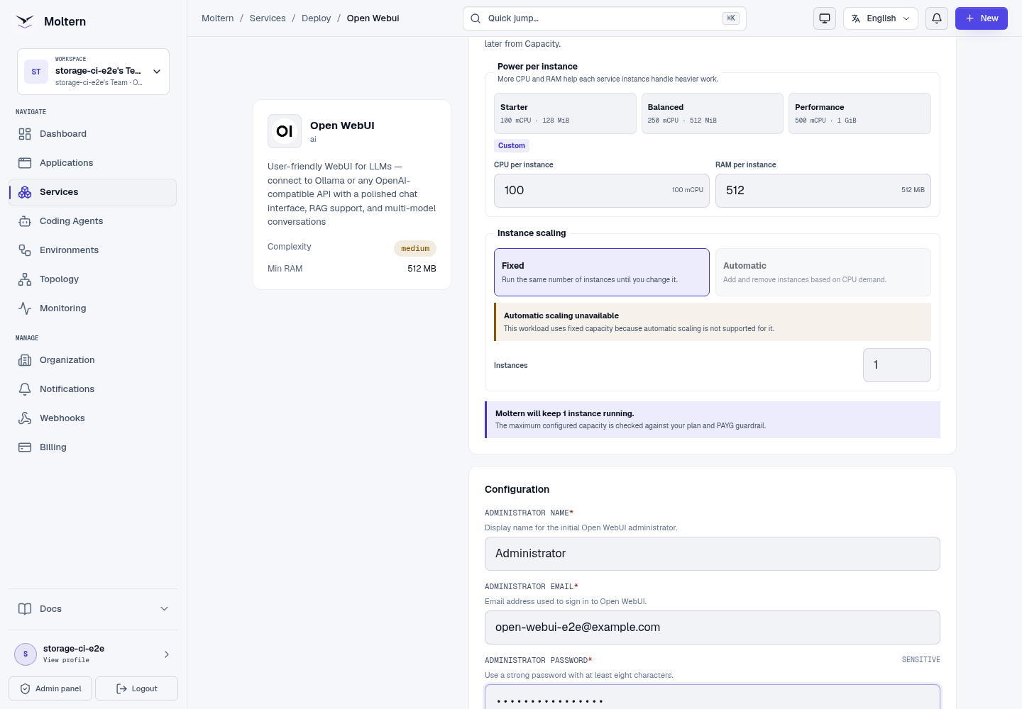 Open WebUI deployment form with protected administrator fields