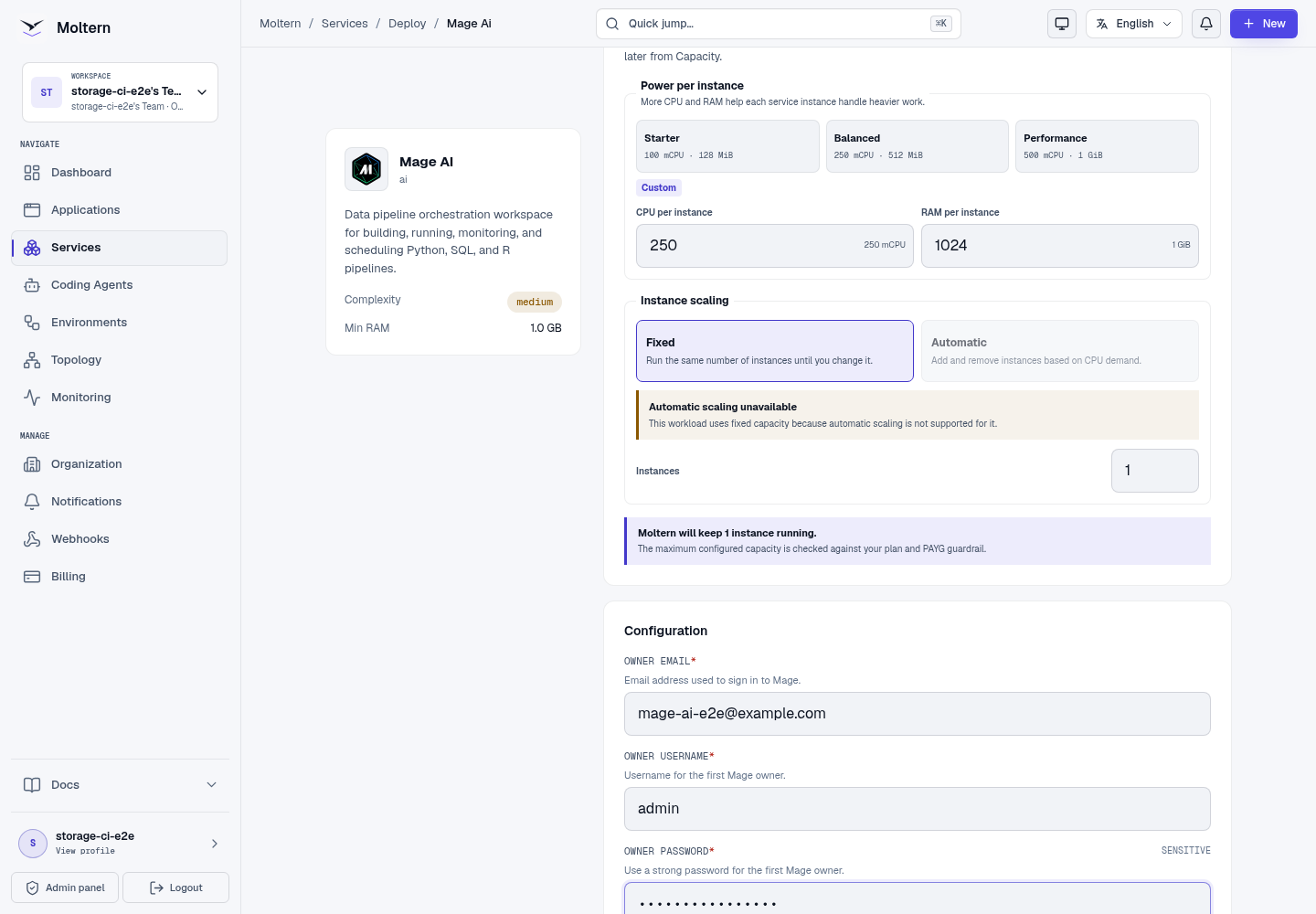 Mage AI deployment form with capacity and protected owner fields