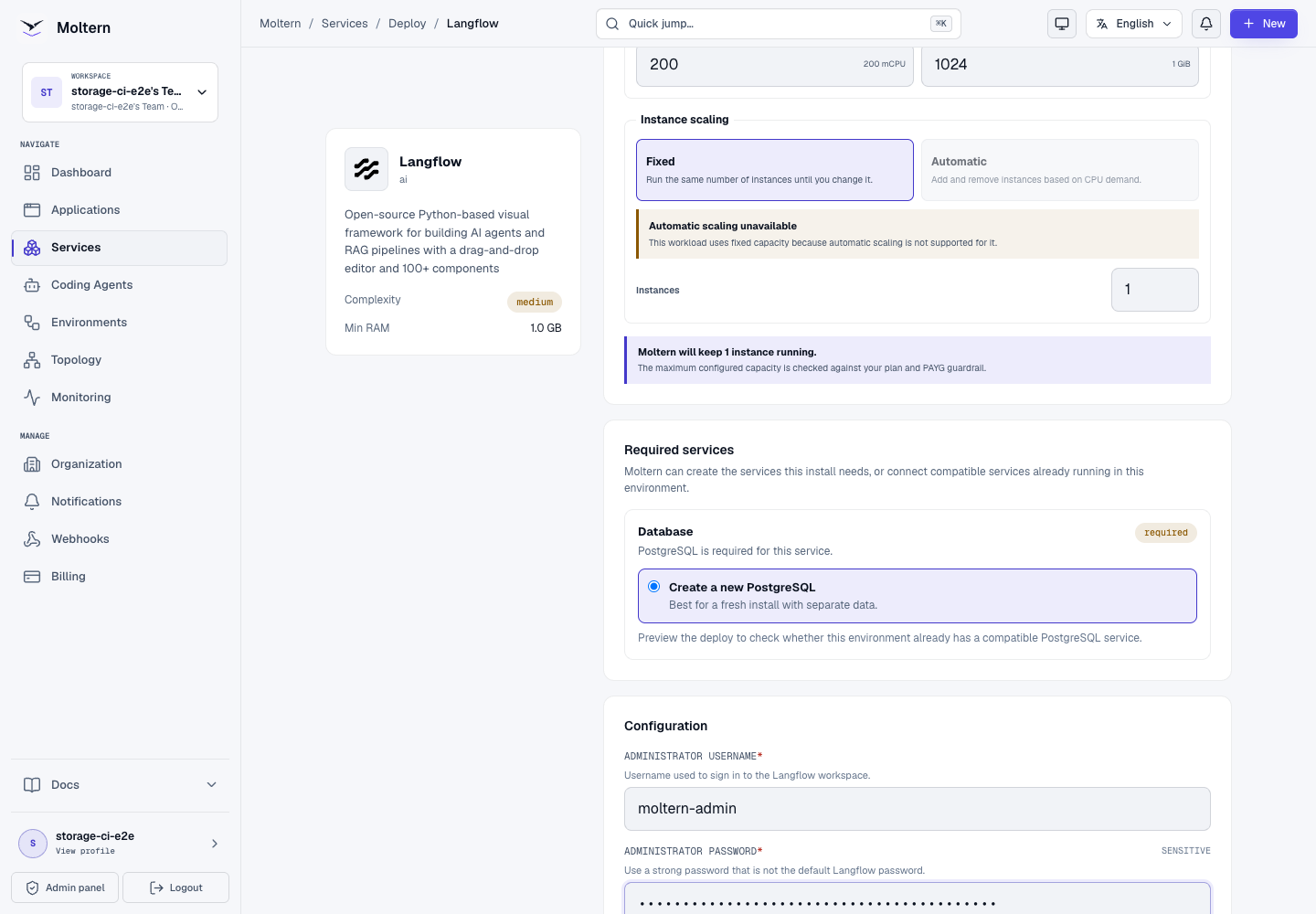 Langflow deployment form in Moltern with project, environment and administrator fields